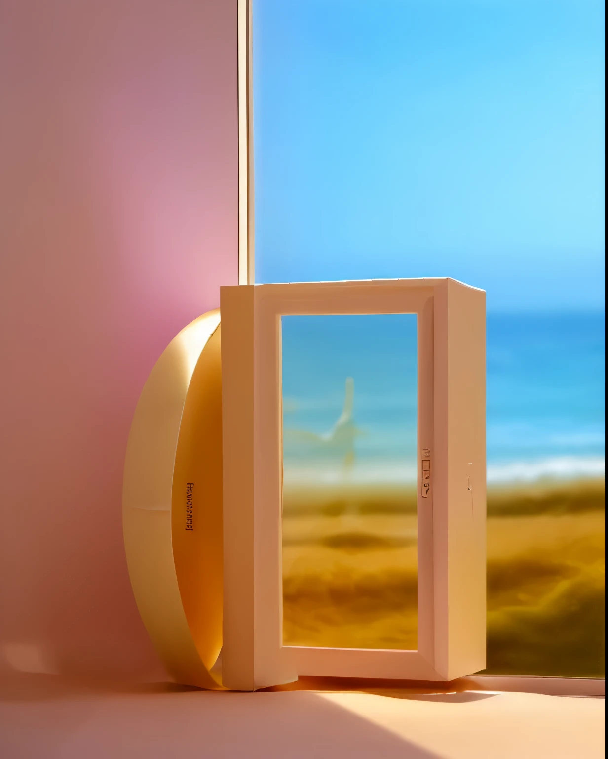 A cosmetics placed in the window，The beach is outside the window，Product photography，advanced，detail