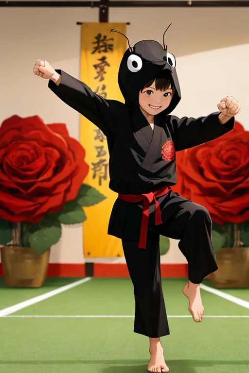 Children wearing black ant costume, using martial art skill like kicking and punching, smile, big roses in background scattered.