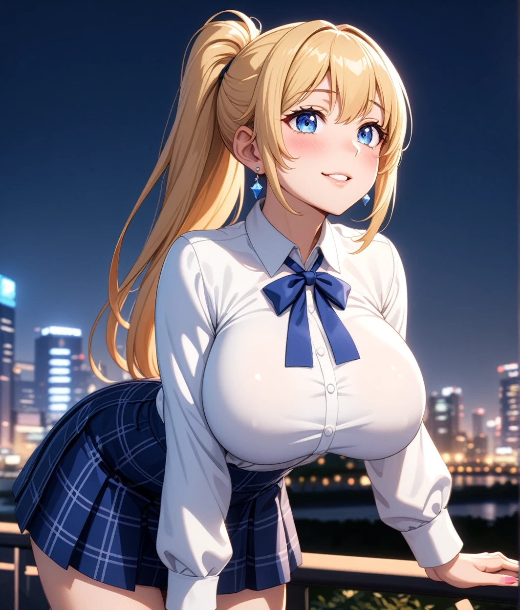 ((One girl)), Beautiful smile,Blushing,Close your mouth,Glossy Lips,Abstract, Yokohama night view park, ((Anime style background)),masterpiece, highest quality, so beautiful, Absurd, up to date, Complex details, Pink long nails,AI-generated, Complex,High resolution, highest quality, super high quality,3D Images、View the viewers、3D Images,one person,Long Blonde Hair,High Ponytail,blue eyes,Anime girl posing for photo, [[Fine grain、Colorful eyes、Shining Eyes:1.15]],(Squint your eyes:1.1),a hyperRealistic , hyperRealistic , Realistic , blonde anime girl with long hair, Smooth anime CG art, Beautiful anime school girl,White long sleeve blouse,Blue checked skirt,Big blue chest ribbon, Earrings,(Large Breasts:1.3),Mature Body,tall,Fine details,Abdominal muscles,(Leaning forward),Shooting from an angle,(Looking up from below)