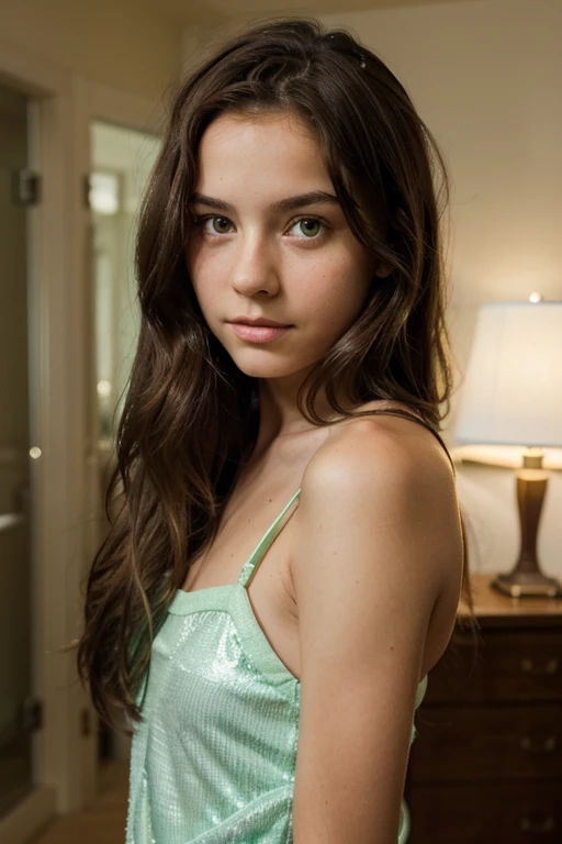 make a picture of 13 year old girl with shiny dark brown hair and green eyes bent forward looking at the camera whit a seductive look on the girls face