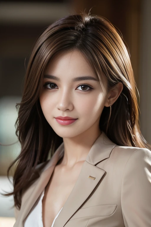 table top, highest quality, realistic, super detailed, finely, High resolution, 8k wallpaper, 1 beautiful woman,, light brown messy hair, wearing a business suit, sharp focus, perfect dynamic composition, detailed and beautiful eyes, fine hair, Detailed and realistic skin texture, smile, close-up portrait, model body shape