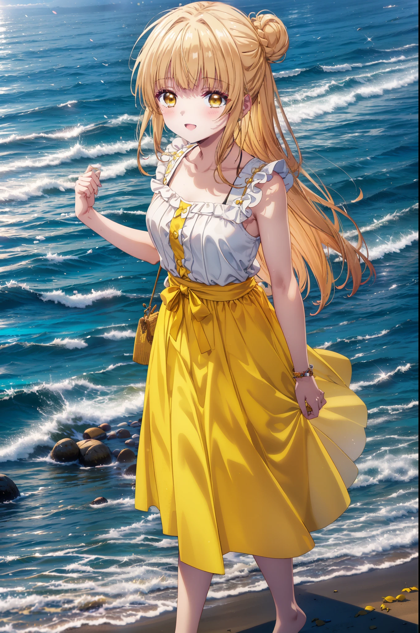 mahirushiina, Mahiru shiina, Long Hair, bangs, Blonde Hair, Brown Hair, (Yellow Eyes:1.3), happy smile, smile, Open your mouth,smile,Black jacket,Hair Bun, double  Hair Bun,Yellow sleeveless dress,Yellow long skirt､barefoot,Strolling on the sandy beach,True Summer,Daytime,coastal通,whole bodyがイラストに入るように,
break outdoors, coastal,
break looking at viewer, whole body,
break (masterpiece:1.2), highest quality, High resolution, unity 8k wallpaper, (figure:0.8), (Beautiful fine details:1.6), Highly detailed face, Perfect lighting, Highly detailed CG, (Perfect hands, Perfect Anatomy),