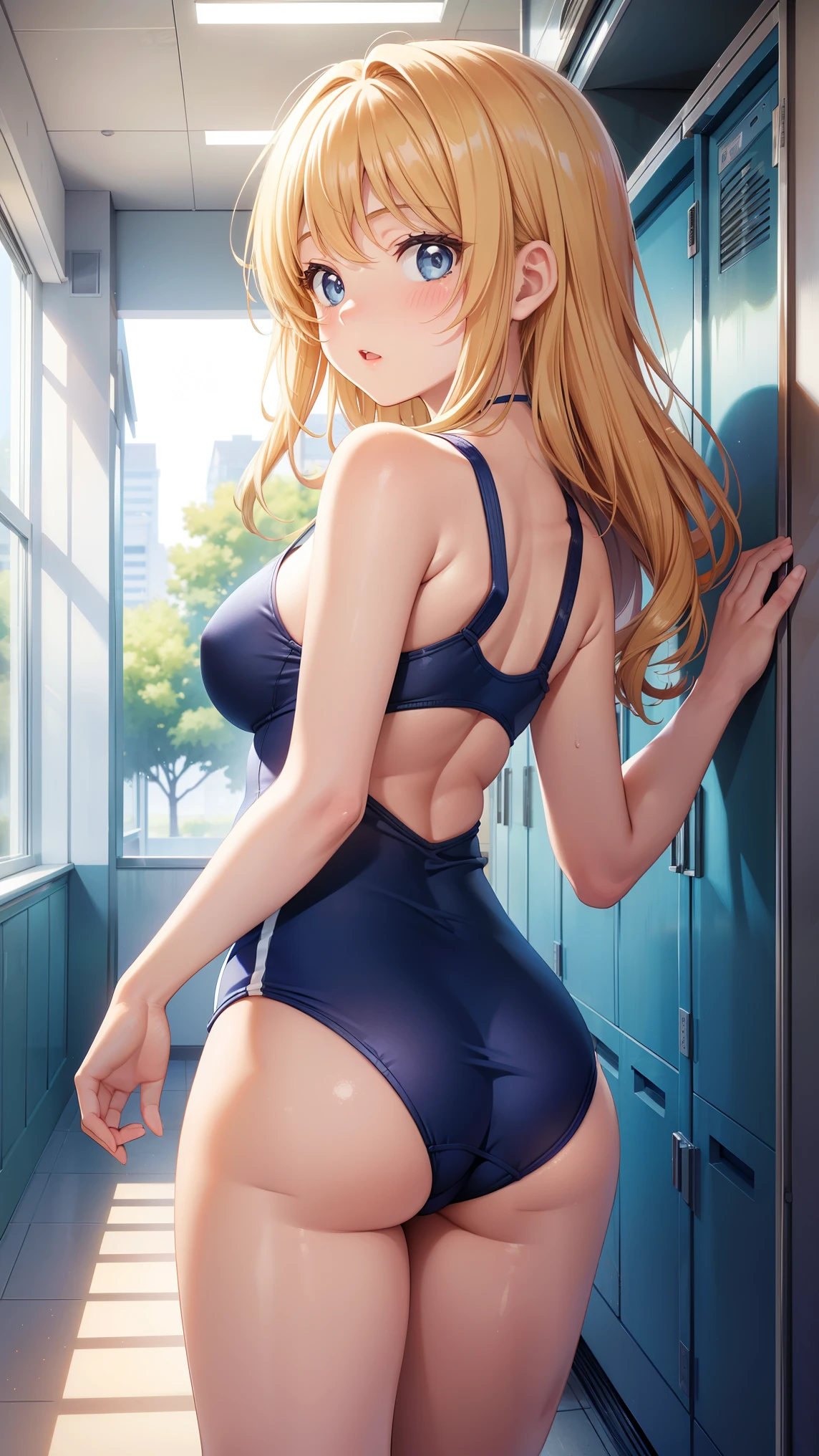 1girl, natural lighting, masterpiece, highly detailed, illustration, game CG, absurdres, high quality, kinomoto sakura, (18 year old girl), medium breasts, beautiful detailed eyes, glossy lips, natural lighting, medium fluffy blonde hair, messy hair, blue eyes, school, hallway, locker, blue one-piece swimsuit, looking back at viewer, shocked, surprised