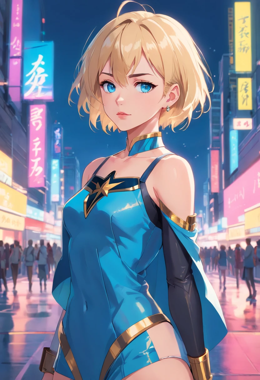 17 years old Women, ((Blonde)), ((Blue eyes)), ((Short hair)), ((Full shot)), very detailed makeup, pale pink lipstick, long earrings, bare shoulders, dressed like a wonder woman cyberpunk version ((Full Body))