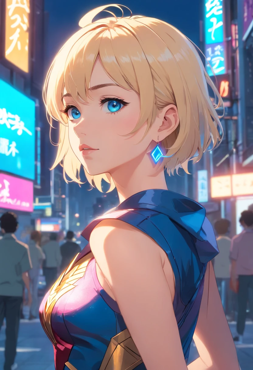 17 years old Women, ((Blonde)), ((Blue eyes)), ((Short hair)), ((Full shot)), very detailed makeup, pale pink lipstick, long earrings, bare shoulders, dressed like a wonder woman cyberpunk version ((Full Body))