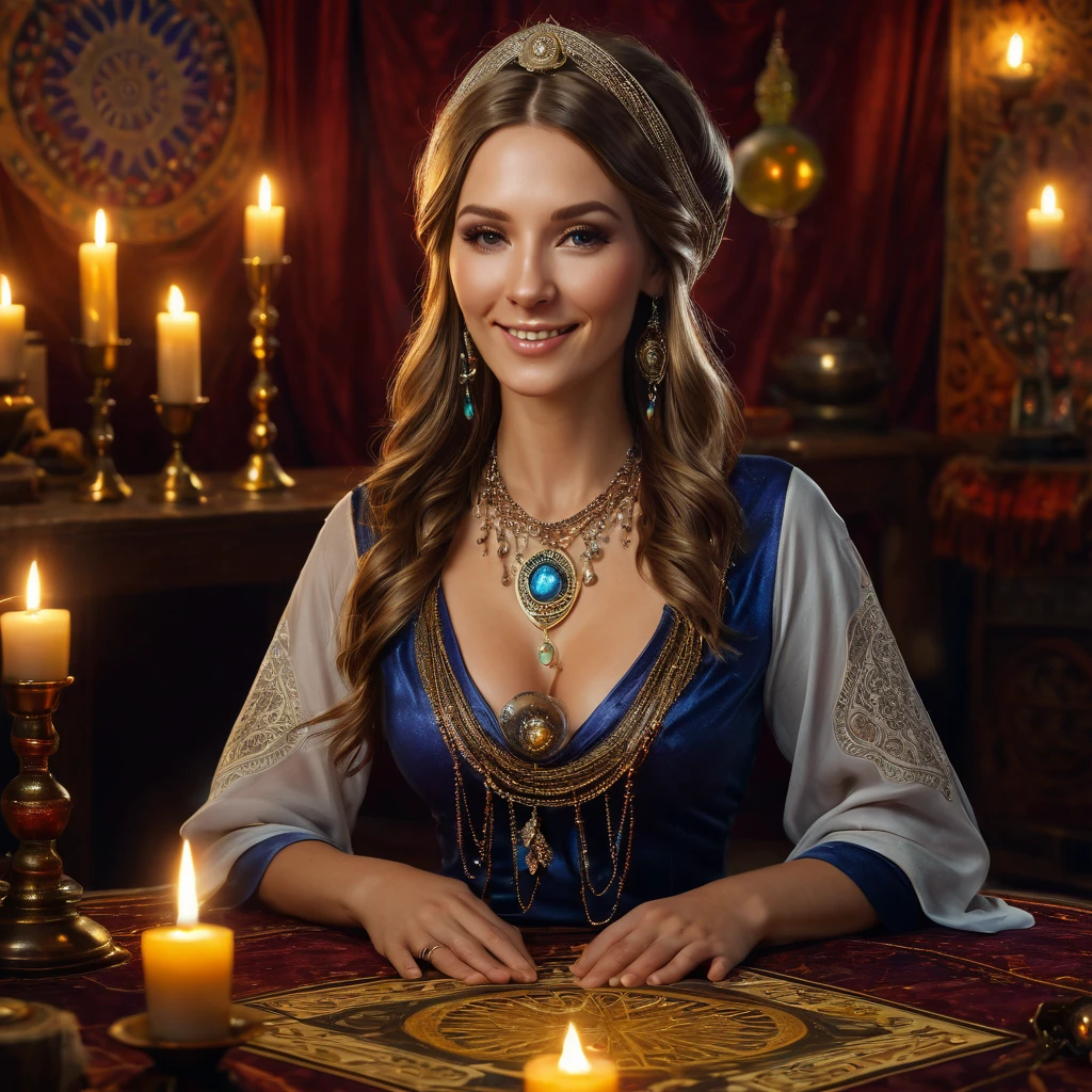 top quality, masterpiece, hi-res, 1 woman, 35 years old, Russian, western style fortune teller outfit, hair ornament, necklace, jewelry, beautiful face, calm smile, upon_body, Tyndall effect, photorealistic, divination room, candles on table, tarot cards, rim lighting, two tone Lighting, (High Definition Skin:1.2), 8k uhd, DSLR, soft lighting, high quality, volumetric lighting, candid, photography, high resolution, 4k, 8k, bokeh