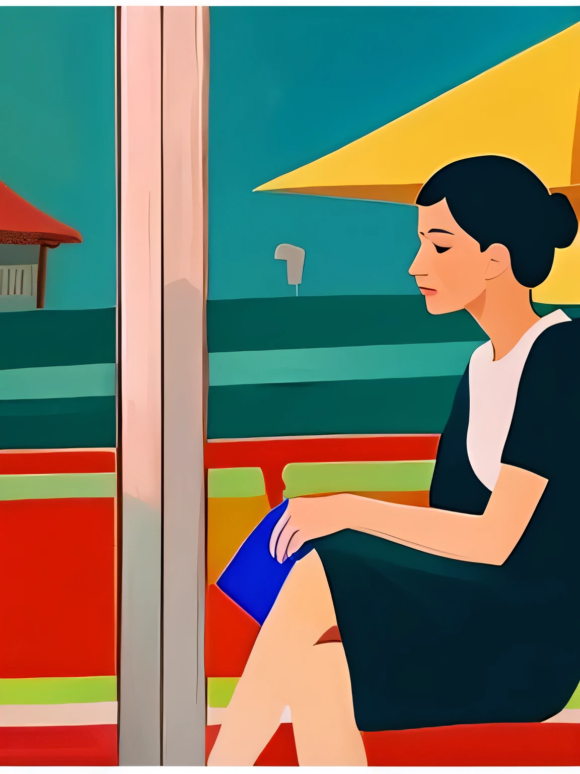 Produce a painting of a woman waiting at a bus stop in the style of Pablo Picasso.