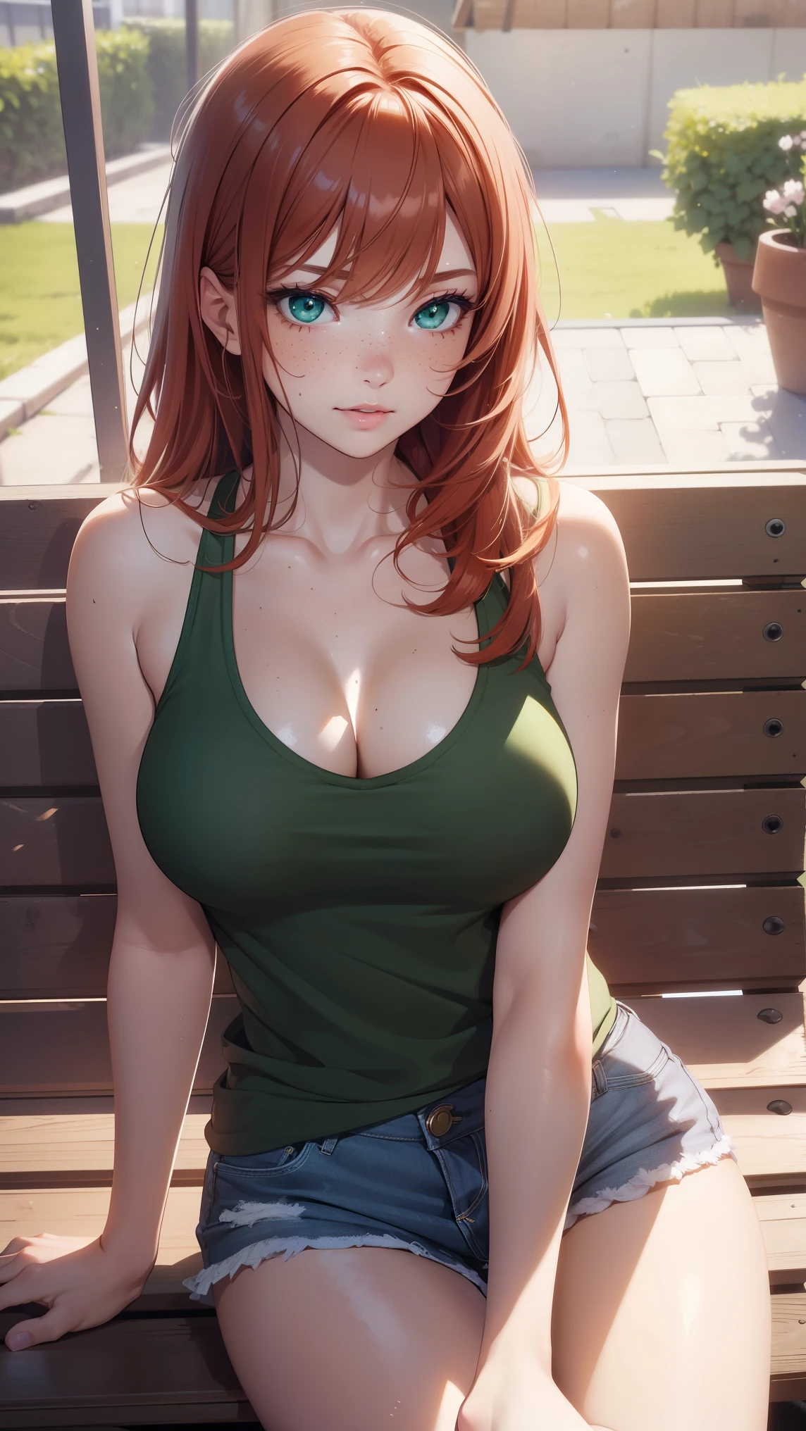 1girl, natural lighting, masterpiece, highly detailed, illustration, game CG, absurdres, high quality, beautiful detailed eyes, glossy lips, natural lighting, medium breasts, redhead, bangs, green eyes, freckles, sitting, bench, tank top, cleavage, short shorts, light smile