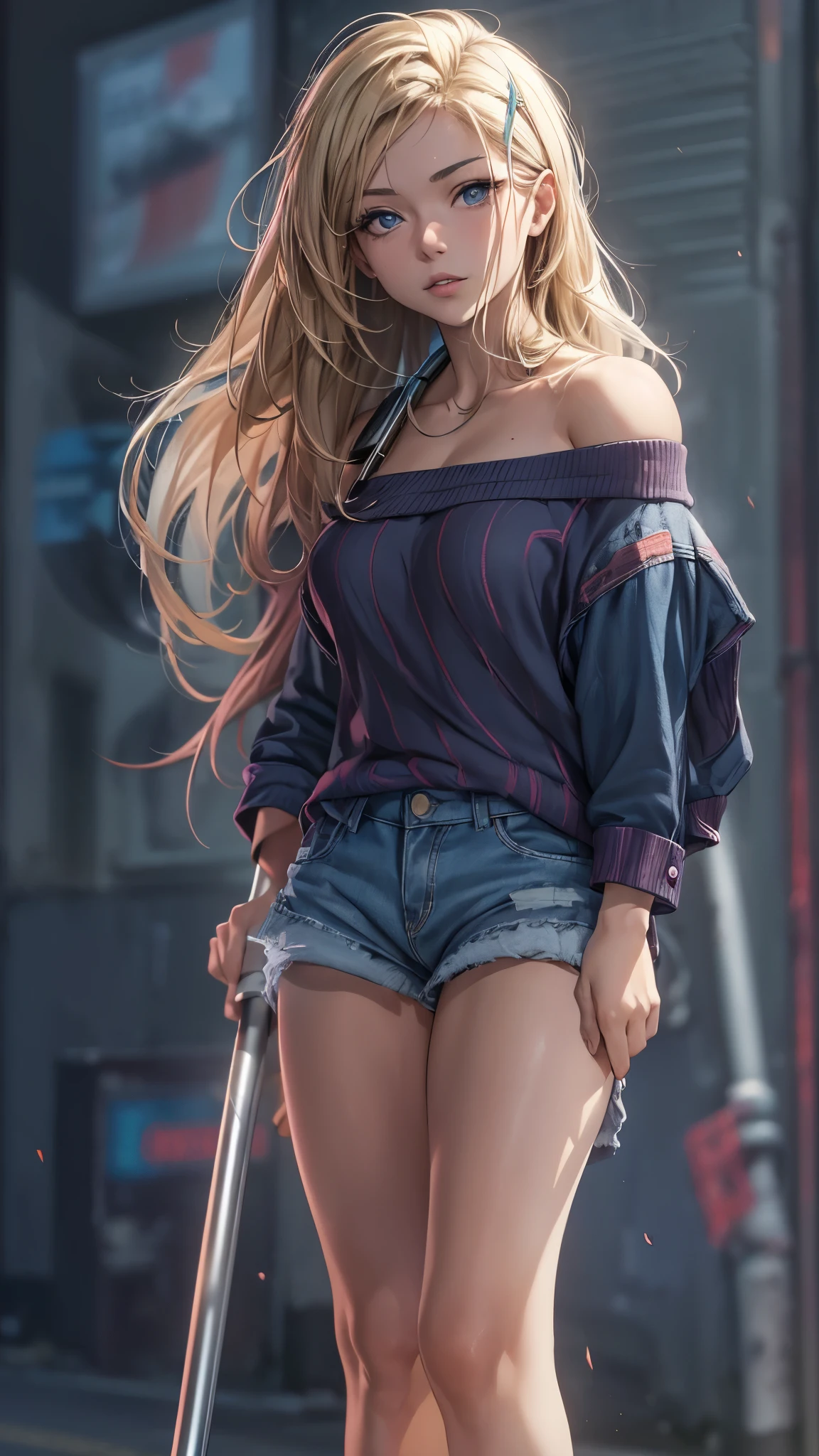 (Super detailed, realistic), streets scene, [Moderately:Oil], [Professional:1.1], [Physically based rendering], [bright colors], [sharp focus], [studio lighting], [extreme details], [highest quality,4k,8K,High resolution,masterpiece:1.2],(detailed face),outside the streets,((One 18-year-old woman)),(short blonde hair mixed blue),(dark), [nervous eyes],(casual ladies fashion,off shoulder,denim shorts,fishnet pantyhose,socks,snikers),((she walks on crutches)),((she’s very inner thigh walking))