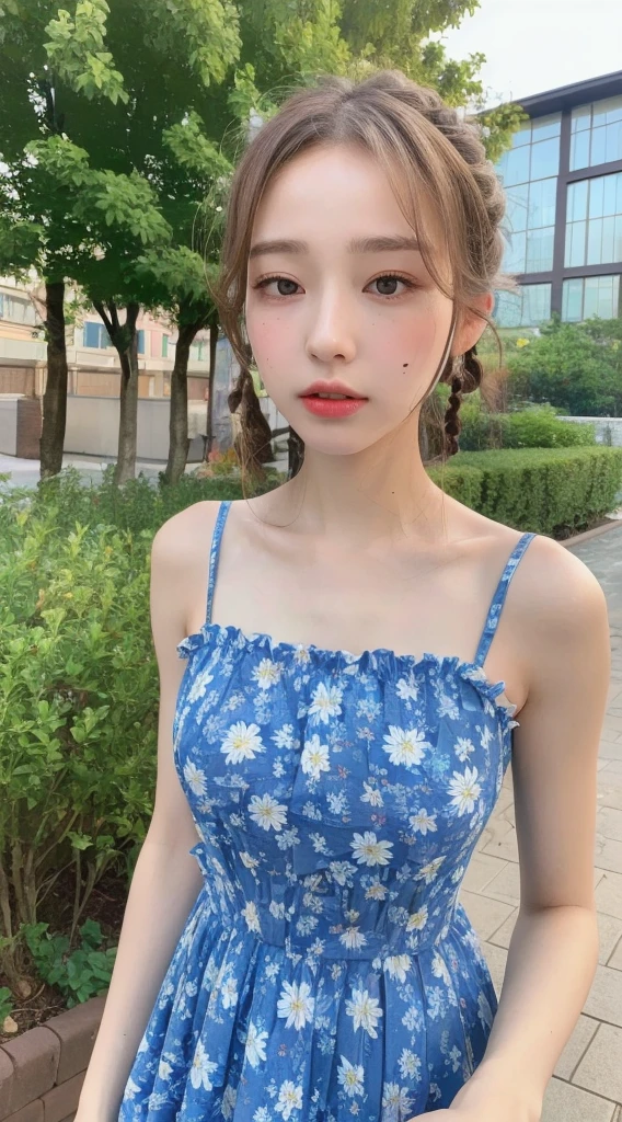 She's wearing a refreshing sky blue floral summer dress, Ultra-high resolution, Perfect description, A summer dress with bare shoulders that shows off her beautiful white skin, Realistic, 8K Photorealistic:1.5, Soft lighting, detailed, Real Full HD, 16k raw photos:1.5,