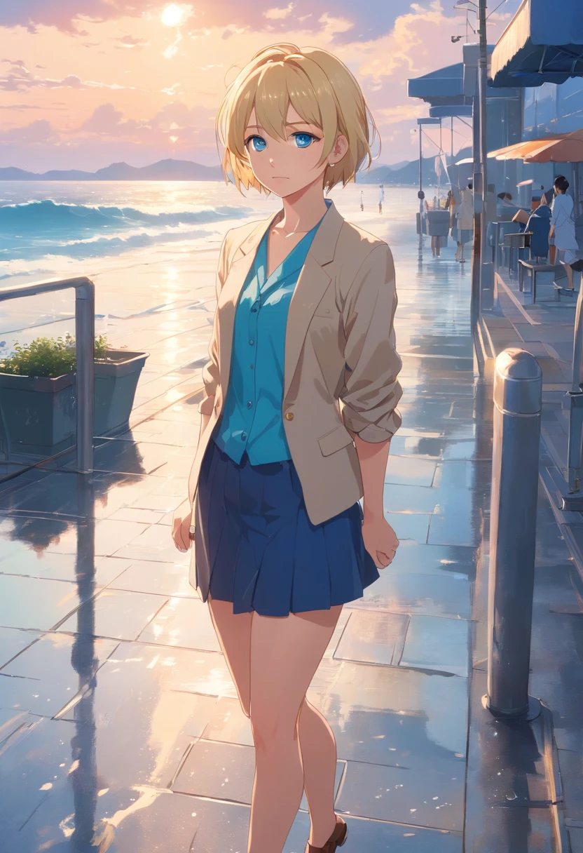 17 years old Women, ((Blonde)), ((Blue eyes)), ((Short hair)), ((Full shot)), very detailed makeup, pale pink lipstick, long earrings, bare shoulders, dressed in a linen blazer with no blouse, no bras and a very short skirt, high heels and bracelets on her wrist.  she is standing on the Costanera with the sea in the background((Full Body)) ((wet floor))