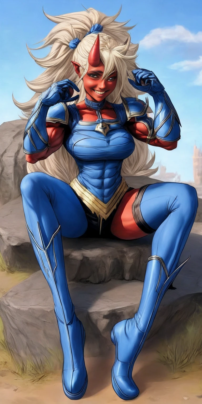 full body sitting on a bench showing ass to me, BLUE breastplate, BLUE skin (1girl)(BLUE skin:1.2), looking at viewer, shiny, armor, thigh highs, high boots, pauldrons shoulder armor, faulds, poleyn, gloves, gauntlets, rerebrace armored boots, (masterpiece, best quality, ultra-detailed, best shadow) yordle pointy ears muscular lean platinum blonde long twin-tails hairstyle at the office lustful smirking smile face red blushed, blush, strong abs, female body builder, tiara, twin drills hair