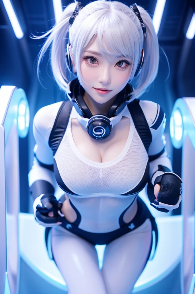 The attractive woman raised her hands happily,Beautiful woman with perfect figure,Beautiful white skin,Beautiful Eyes,Glossy lips,Cute smile,Gray Hair,Wearing a futuristic Lolita outfit with a bikini in black and white design,Headphones with functionality,Sitting in a spaceship