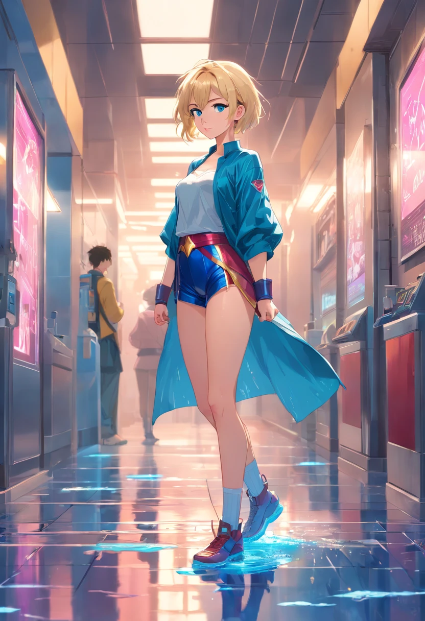 Women, ((Blonde)), ((Blue eyes)), ((Short hair)), ((Full shot)), very detailed makeup, pale pink lipstick, long earrings, bare shoulders, dressed like a wonder woman cyberpunk version ((Full Body)) ((wet floor))