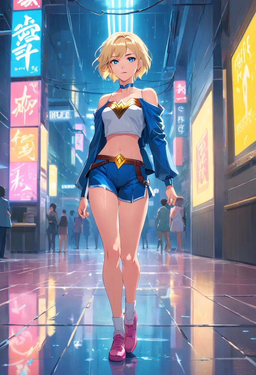 17 years old Women, ((Blonde)), ((Blue eyes)), ((Short hair)), ((Full shot)), very detailed makeup, pale pink lipstick, long earrings, bare shoulders, dressed like a wonder woman cyberpunk version ((Full Body)) ((wet floor))
