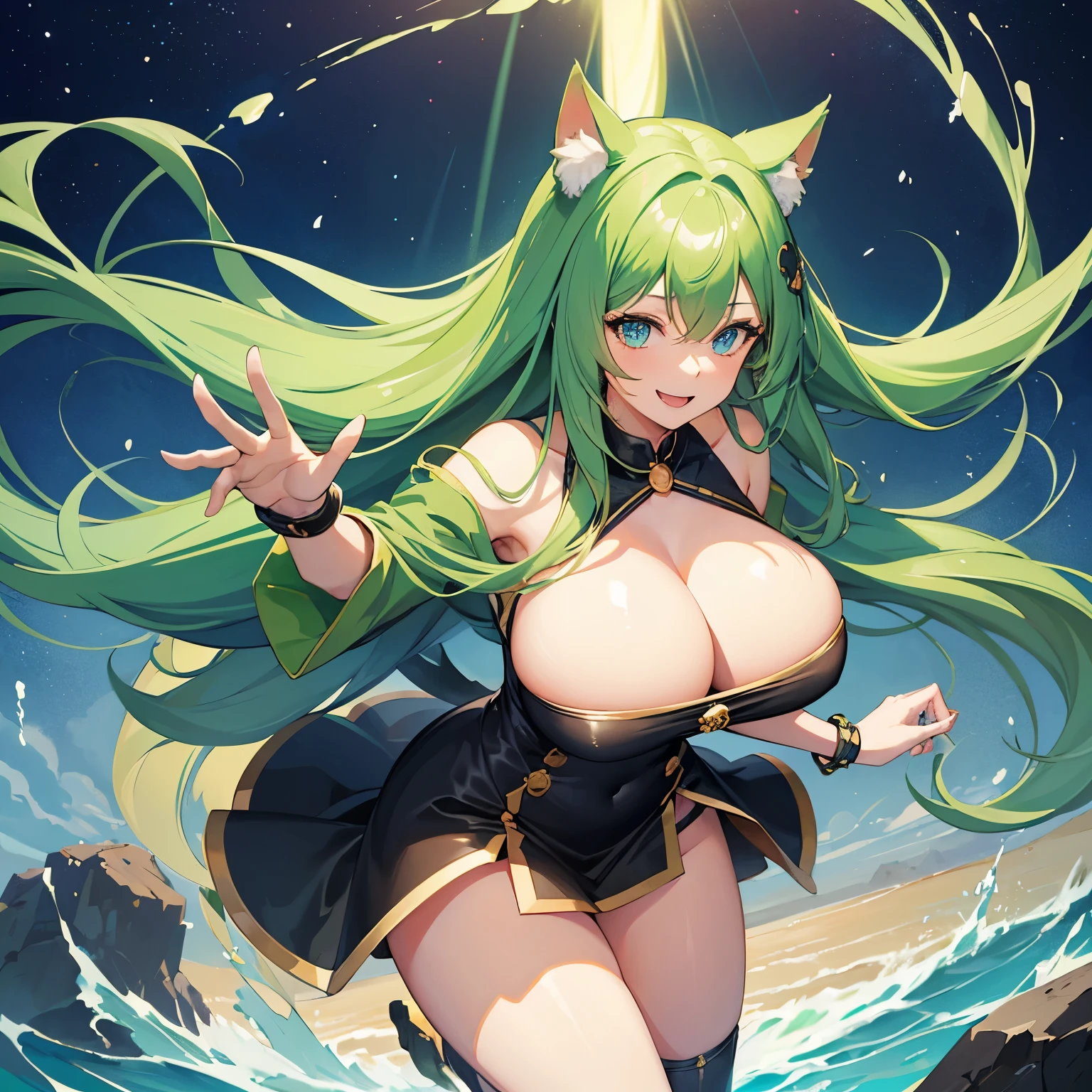 high quality, no errors, anime style, perfect hands, perfect body, 1girl, dog girl, solo, dog ears, dog tail, dark green fur, light green hair, long tail, extremely huge breasts, big fat ass, thighs thick, casual clothes, blue eyes, happy face, smiling, looking at camera