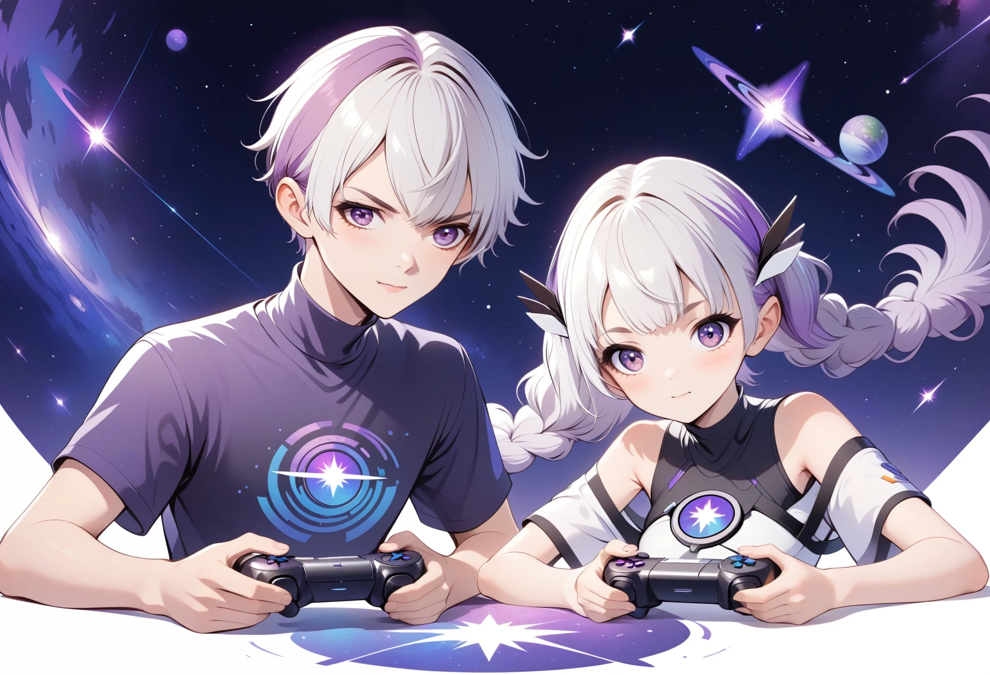 Graphic design,vector art,Smooth lines,Simple style,Couple poster design:2 people playing games,Short hair for boys,Purple Eyes,white hair,2 Purple Pigtails Girls High Neck Off Shoulder Top,,Galaxy theme