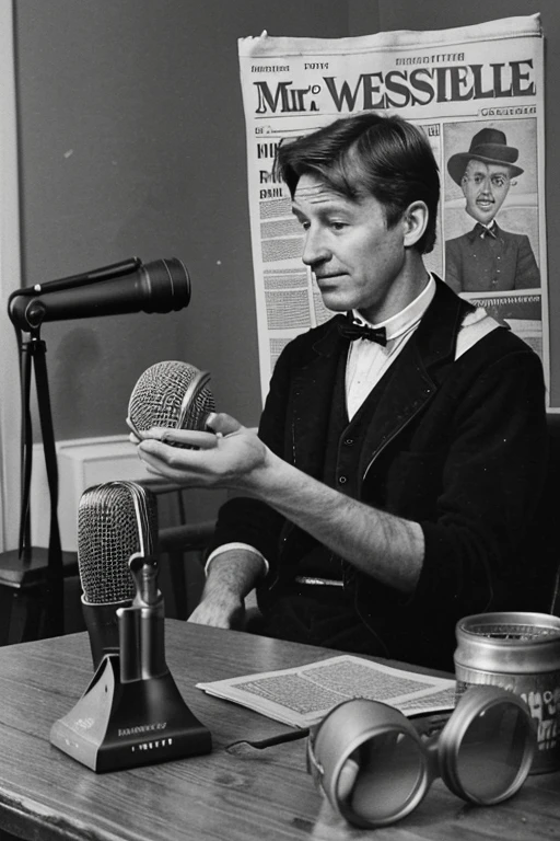 Old newspaper Title podcast presentation "Mr. Norrisom", a microphone on a table, in the background a number 69