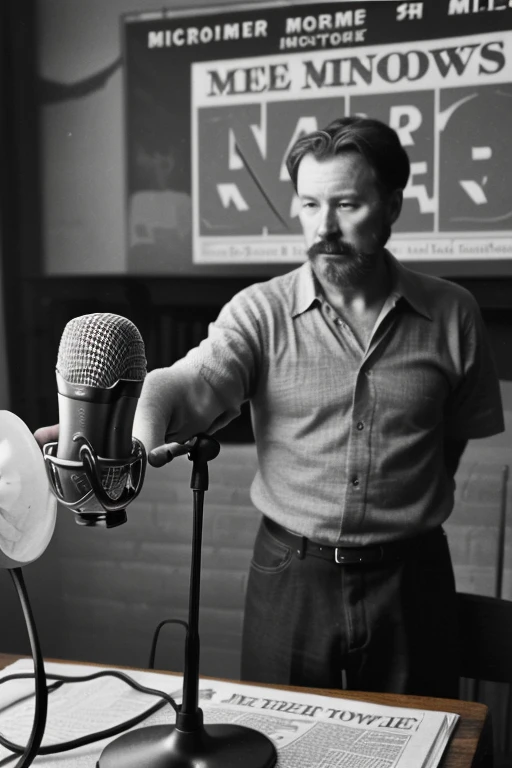 Old newspaper Title podcast presentation "Mr. Norrisom", a microphone on a table, in the background a number 69