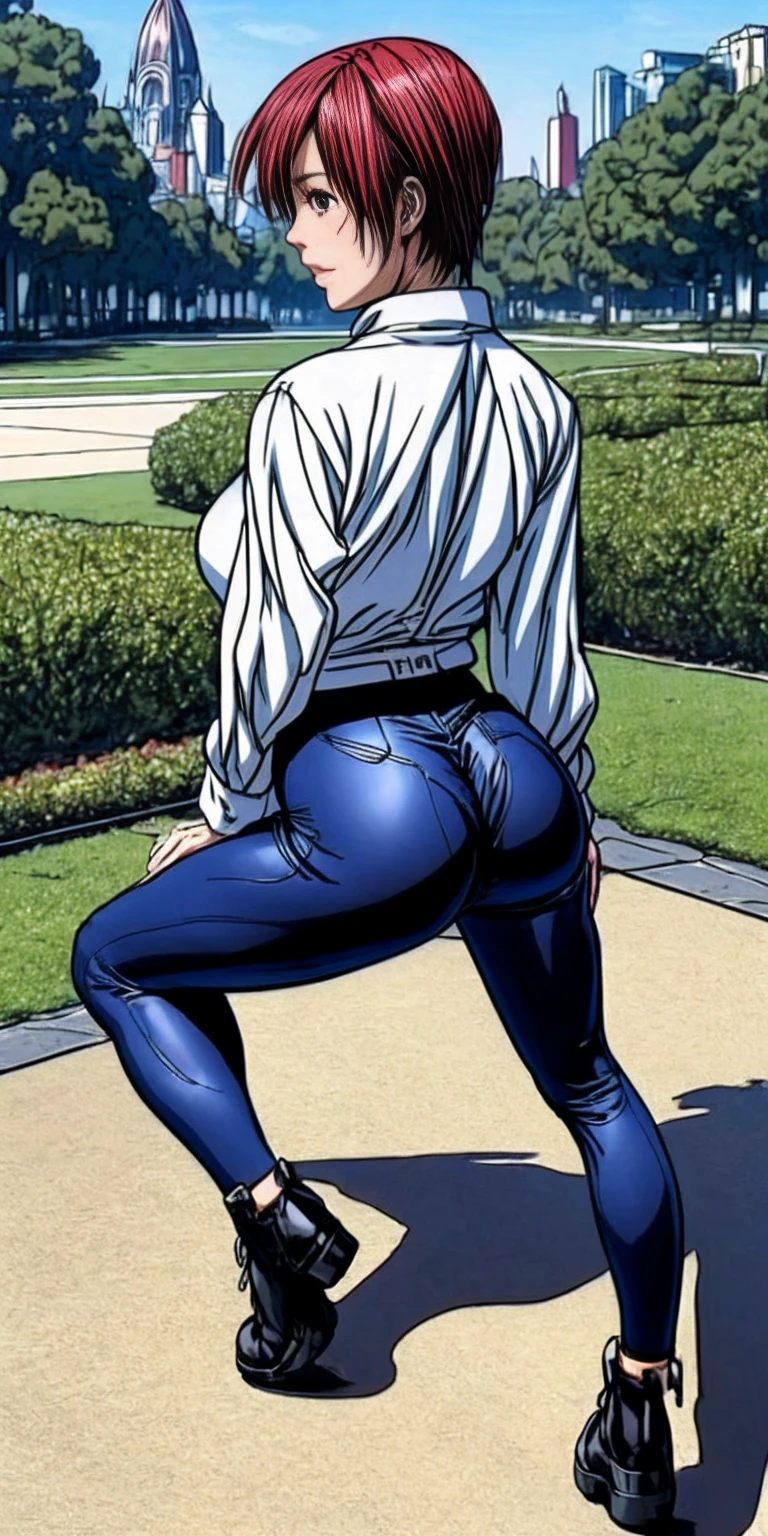 Kei Kishimoto full body sitting on a bench showing ass to me (morning daytime park background) (masterpiece, best quality, ultra-detailed, best shadow)