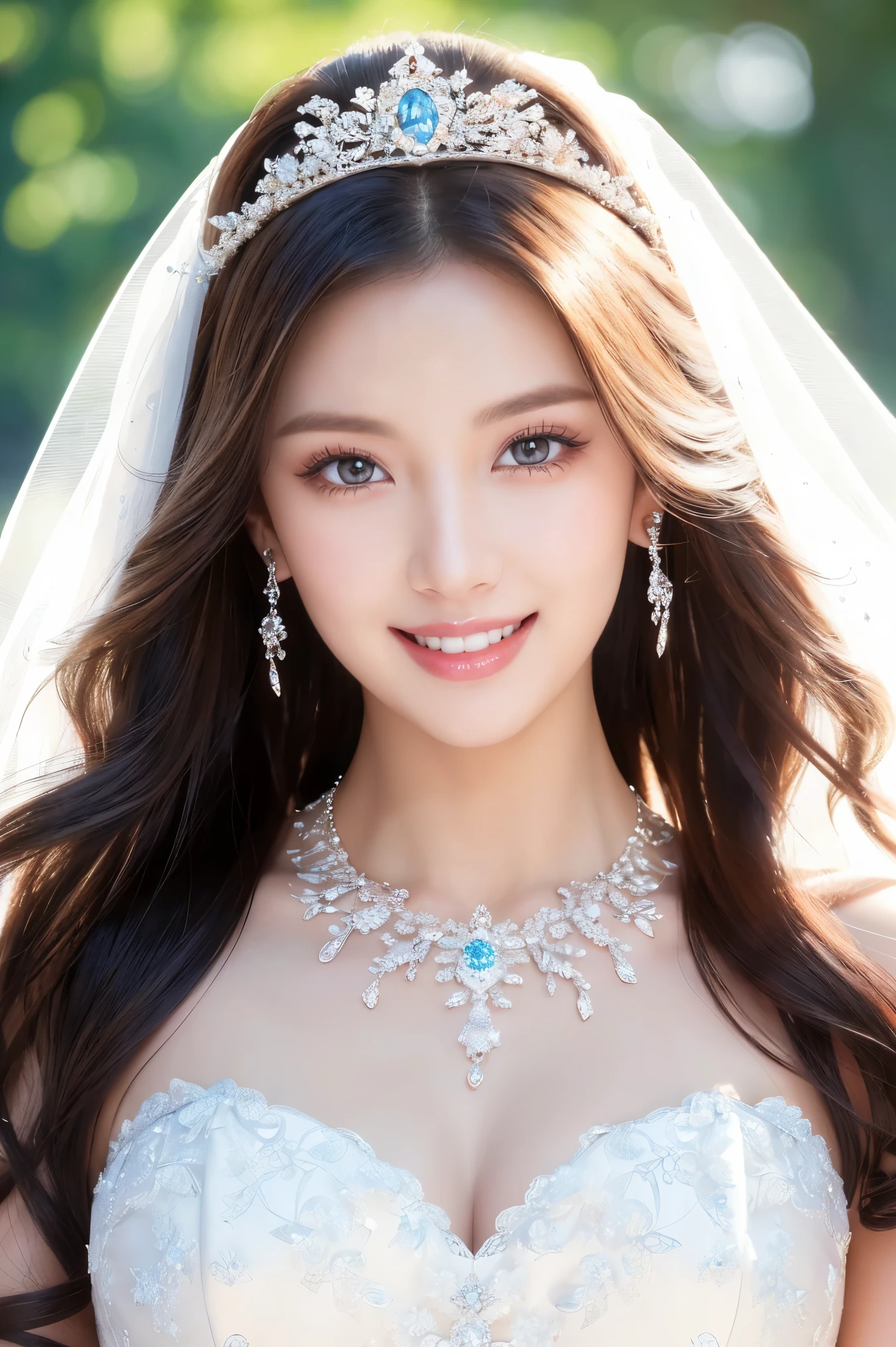 (highest quality、Tabletop、8k、Best image quality、Award-winning works)、One beautiful bride、(alone:1.1)、(The most extravagant and gorgeous huge wedding dresses:1.1)、(Perfect Wedding Lace:1.2)、(The most extravagant and luxurious giant tiara:1.1)、(The most extravagant and luxurious giant necklace:1.1)、The most beautiful smile is looking at me、A wide selection of the finest jewellery、(Bridal upper body photo:1.1)、Perfect Makeup、Long eyelashes、Ultra HD Shining Eyes、Ultra HD Hair、Ultra High Resolution Glossy Lips、Ultra High Resolution Perfect Teeth、Beautiful face in ultra-high definition、(Accurate anatomy:1.1)、(Very bright and beautiful skin:1.2)、(very bright and vivid:1.2)、(Blurred fresh natural background:1.1)