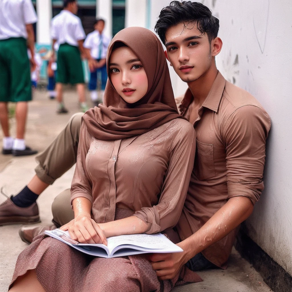 they are sitting on the ground with a book in their hands, couple pose, lovely couple, couple, attractive girl, perfect expression, romantic couple, student, handsome, girl, very attractive, brown clothes, muslim, style of ade santora, wonderful masterpiece, with lovely look, attractive pose, boy girl traditional romance, wet body, dripping, woman Uniform unbuttoned loose opened, showing nude breasts. casual photography, realism