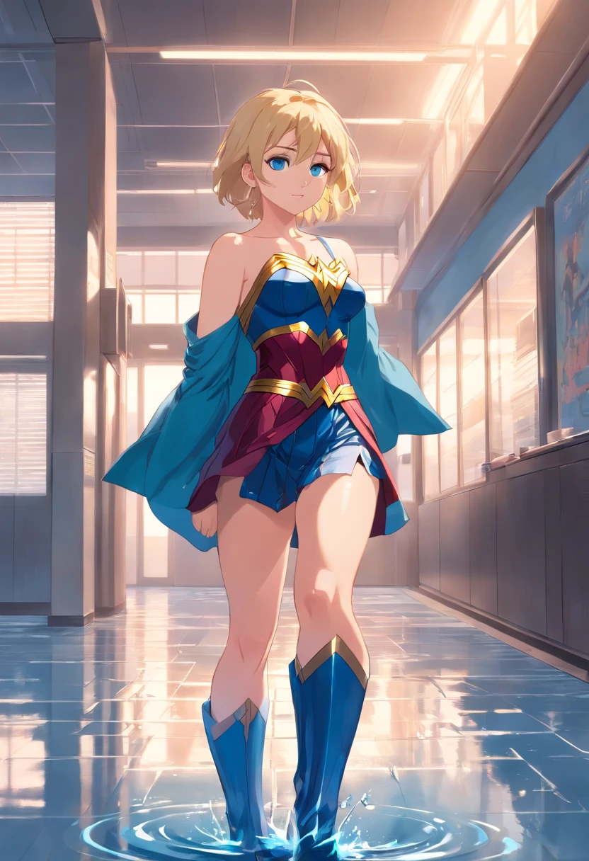 17 years old Women, ((Blonde)), ((Blue eyes)), ((Short hair)), ((Full shot)), very detailed makeup, pale pink lipstick, long earrings, bare shoulders, dressed like a super sexy wonder woman wuth boots ((Full Body)) ((wet floor))