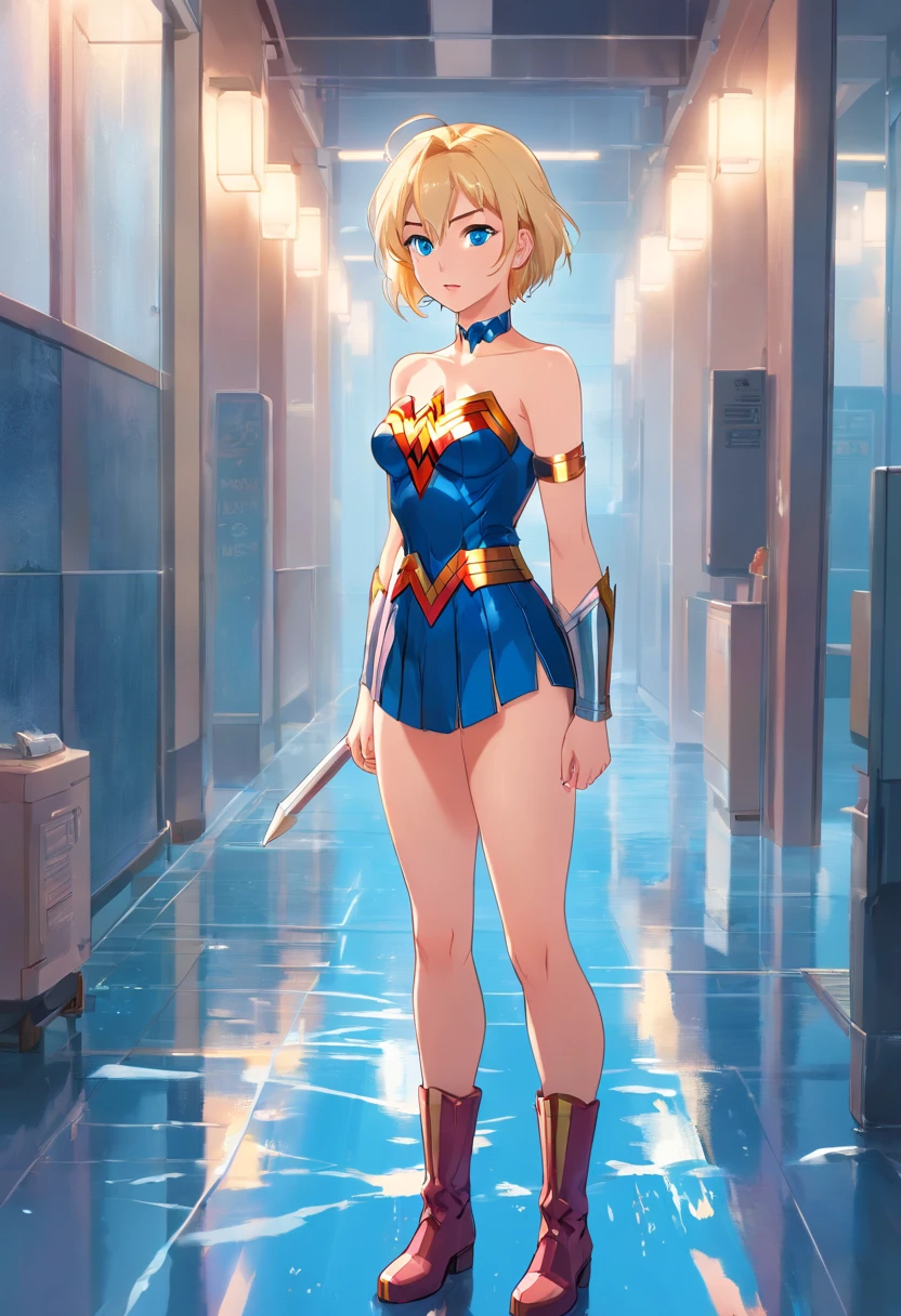 17 years old Women, ((Blonde)), ((Blue eyes)), ((Short hair)), ((Full shot)), very detailed makeup, pale pink lipstick, long earrings, bare shoulders, dressed like a super sexy wonder woman wuth boots ((Full Body)) ((wet floor))