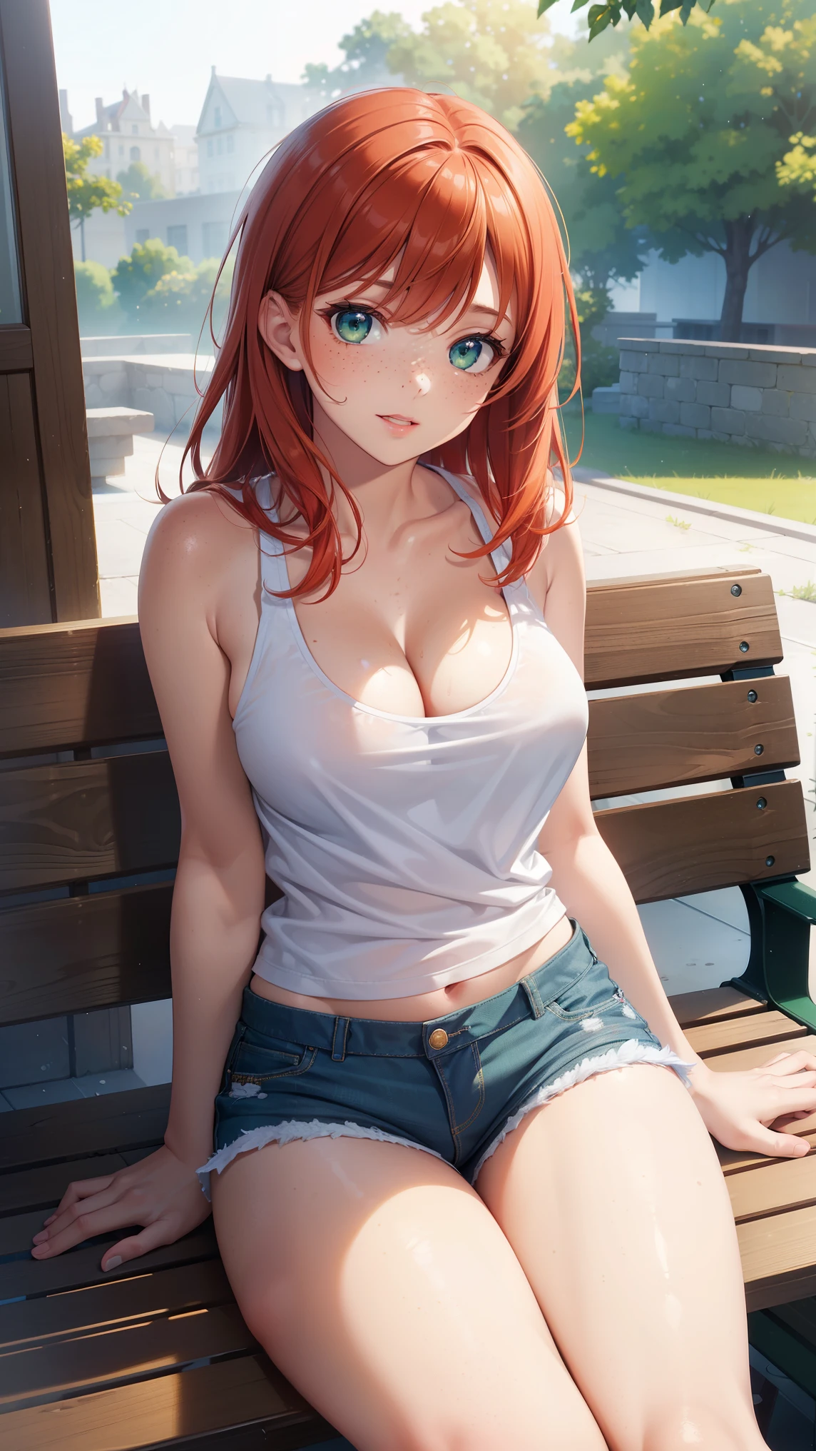 1girl, natural lighting, masterpiece, highly detailed, illustration, game CG, absurdres, high quality, beautiful detailed eyes, glossy lips, natural lighting, medium breasts, redhead, bangs, green eyes, freckles, sitting, bench, tank top, cleavage, short shorts, light smile