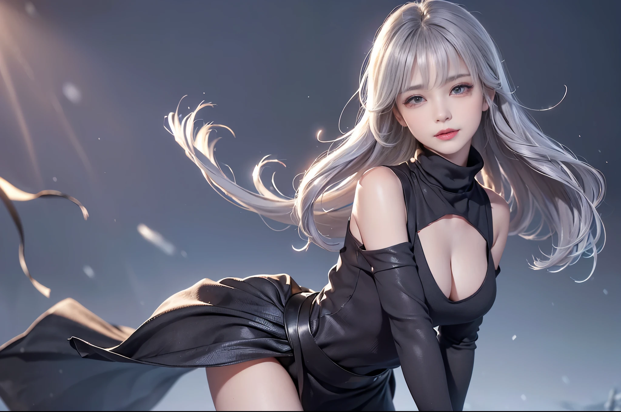 (From the waist up:1.5)((masterpiece:1.5、8k、Portraiture、フォトリアリスティックでVery detailedなCG、Very detailed、Particle Effects、Dynamic Effects、Written boundary depth、Cinematic Light、Lens flare、Ray Tracing、Tabletop、Realistic:1.4、超A high resolution:、Realistic、Realistic))((alone、Turtleneck dress,No sleeve、Woman in a black fur coat:1.6、Exposed lateral breasts、Detailed face、bright表情、young, bright, Whiter skin、Small breasts:1.4、Best Looks、Ultimate beauty、Grey hair with shiny highlights:1.8、bright and shiny hair,、Arranged Hair、Hair dancing in the wind))(morning、In the background is a snowy hill overlooking the ruins...)