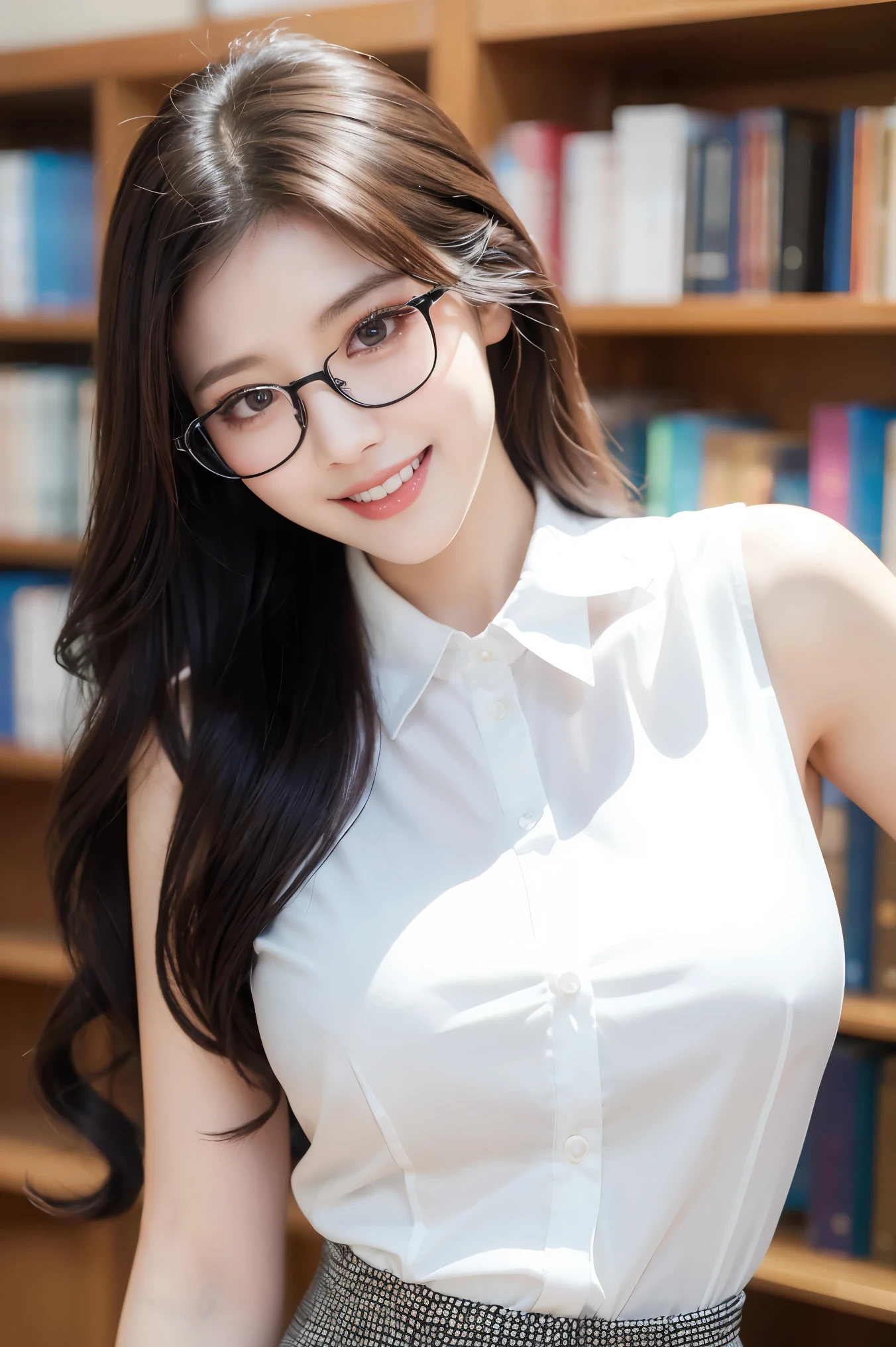 (highest quality、Tabletop、8k、Award-winning works、Ultra-high resolution、Best image quality)、One beautiful woman、(White polyester sleeveless collared blouse:1.2)、(Elegant black tight skirt:1.1)、(Huge breasts:1.1)、The most beautiful smile is looking at me、Laugh aloud, Show off your beautiful teeth、(Elegant round glasses:1.1)、Beautiful and elegant very long wavy hair、library、(Standing Elegantly:1.1)、(Strongly blurred background:1.1)、Stand next to a bookshelf、(Perfectly organized bookshelf:1.1)、Bookshelf in the background、居心地の良いlibrary、lipstick、Long eyelashes、Heavy makeup、Perfect Makeup、Colored contact lenses、Accentuate your body lines、Big ample breasts、Soft and warm lighting、Detailed bookshelf、(Ultra-high resolutionの正確な美しい髪:1.1)、(Accurate anatomy:1.2)、Ultra-high definition beautiful eyes、Ultra-high definition beautiful teeth、(Super bright and radiant skin:1.1)