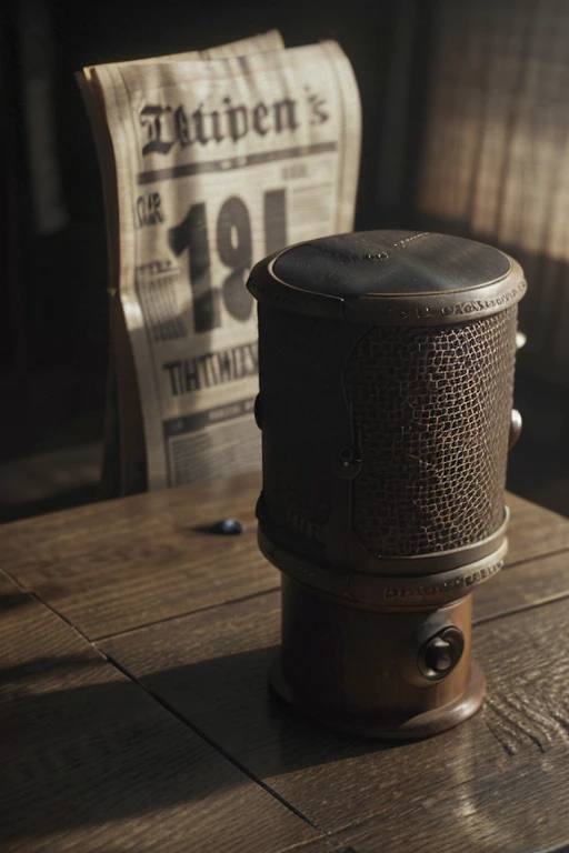 a weathered newspaper headline "Mr. Norrisom", detailed microphone on a wooden table, the number 69 in the background, cinematic lighting, dramatic shadows, muted tones, photorealistic, highly detailed, 8K, professional studio lighting