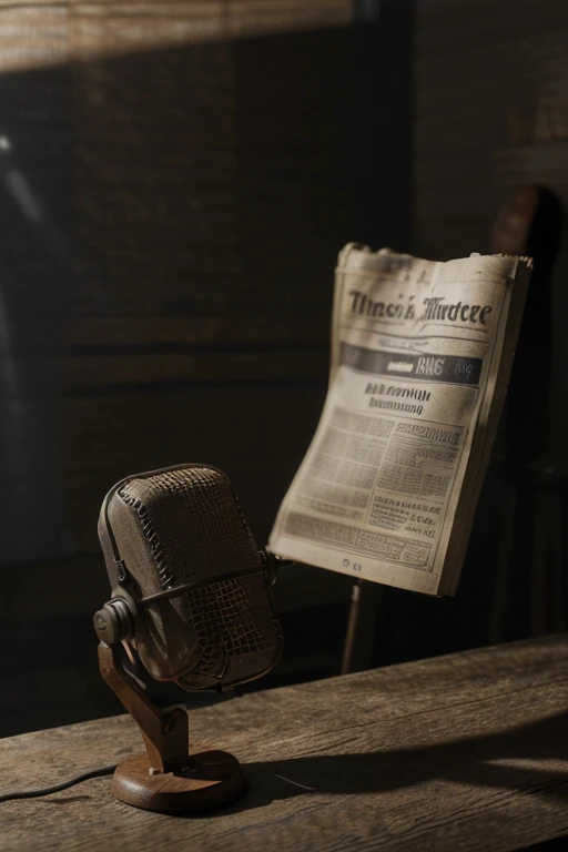 a weathered newspaper headline "Mr. Norrisom", detailed microphone on a wooden table, the number 69 in the background, cinematic lighting, dramatic shadows, muted tones, photorealistic, highly detailed, 8K, professional studio lighting