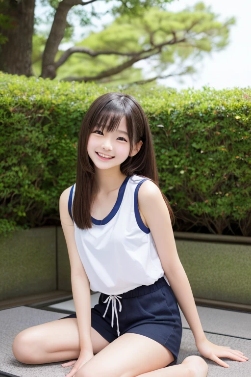 knee up,Side Shot,masterpiece, highest quality,( Japan girl:1.5),(I feel like crying:1.3) ,garden,(middle Schoflowerの髪飾り,(Cute tops),Cute shorts,Brown eyes,(small:1.7),(Smooth straight hair:1.5),(Slender body,Thin legs),Detailed eyes,Very white skin,Let your bangs down,Detailed body,,Detailed hands,No makeup, Whole Body Ezbian, knee up,Smiling face sitting on the ground,Smiling and showing white teeth,(Small Tits:1.3),flower,Thin thighs exposed,