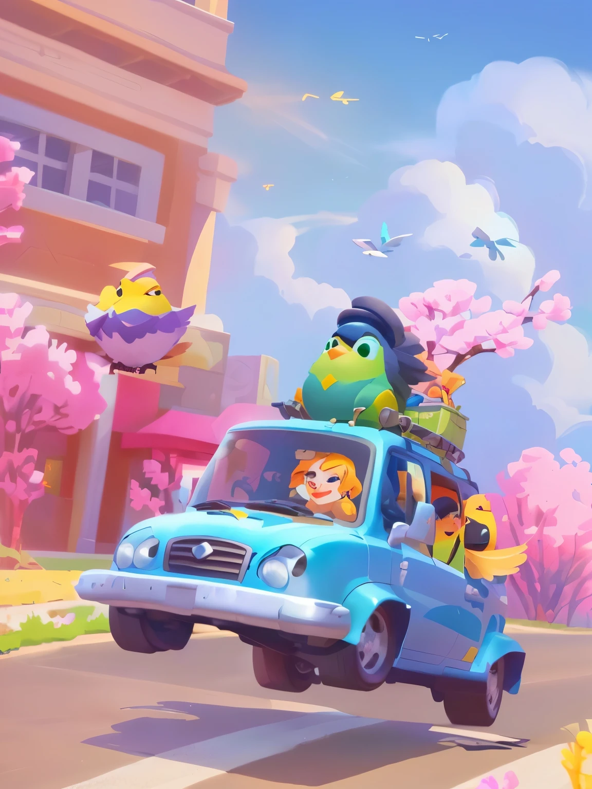 Cartoon character sitting in the car,A flock of birds flying around, mobile game art, Pixar Ink Art, Road Trip, Propaganda Art, official art works, Stylized digital illustration, 3D Little Shop, mobile game, 🪔 🎨;🌞🌄, mobile game background, Propaganda Art, 8k cartoon illustration, Background artwork, John Parker, Spring morning