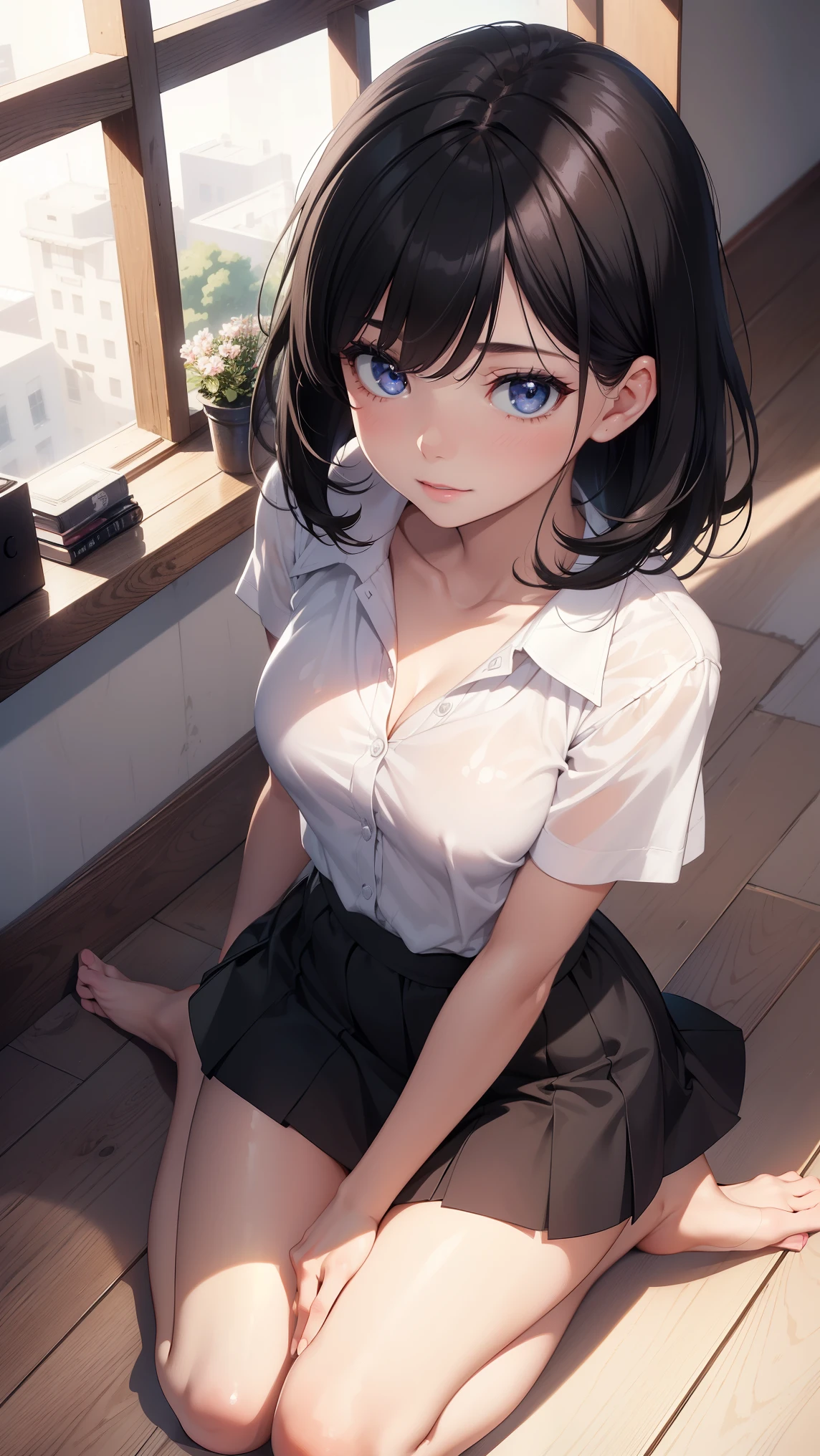 1girl, natural lighting, masterpiece, highly detailed, illustration, game CG, absurdres, high quality, beautiful detailed eyes, glossy lips, natural lighting, small breasts, short black hair, bangs, light smile, (very cute face), white shirt, collarbone, black miniskirt, school, kneeling, looking up at viewer, from above