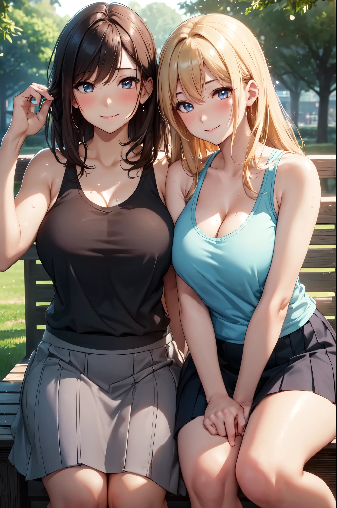 (High quality, High resolution, Fine details), Park in midsummer, Wearing a tank top and skirt, Two women, 2 curvy adult women, sparkling eyes, (Detailed eyes:1.2), smile, blush, Sweat, Oily skin, Soft tones, shallow depth of field