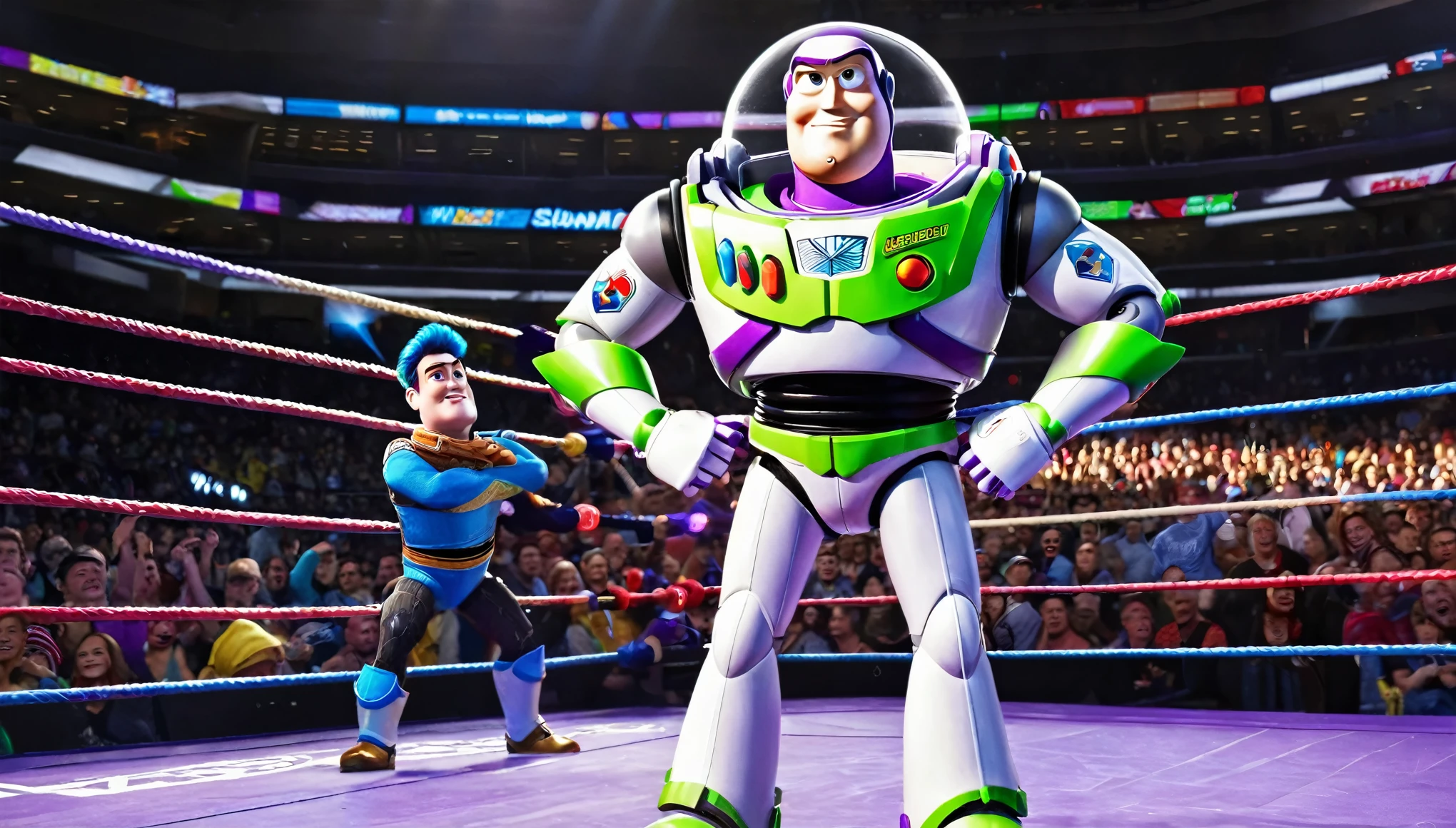 ((Buzz Lightyear)), (wrestling), action, powerful, dynamic, (game), (ring), Showdown, (live-action), masterpiece, UHD