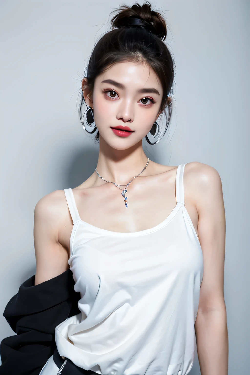 (Extra detailed body、The face is rich in detail、Best quality:1.2)、woman、looking at the audience、Full body model，(quirky fashion、Large shoulder-length piercing、A necklace、Clothes with strong contrast of gray, blue, white and black、Asymmetry)、(Contrasting white and gray wall on background)，Smiling，Big breasts，Pursed lips