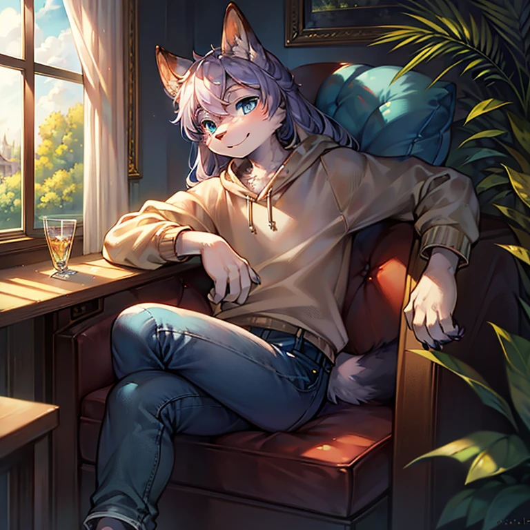 Majestic Artwork: Exceptional Quality, Realistic Furry Anthropomorphism, Fine Detailing, High Resolution, Furry Café Scene, Fur on Seat Back, Mixed Brown and White Fur, Crystal Blue Eyes, Delicate Nose, Long Furry Ears, Furry Tail Flipping, Purple Paws Resting on Window Sill, Venturing Gaze into the Distance, Happy Expression, Human-like Body, Relaxed Posture, Casual Sweatshirt, Dark Blue Jeans, Silver Ring on Paw, Sunlight Illuminating the Scene, Shallow Depth of Field, Blue Sky, Vegetation Outside, Soft Rendering