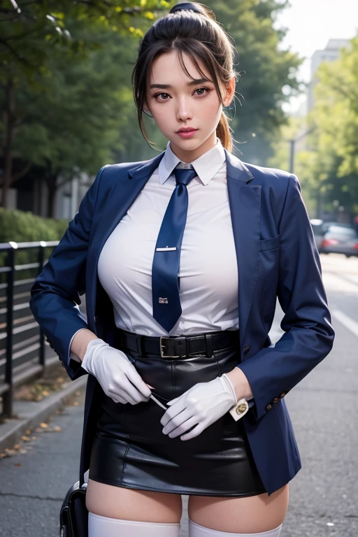 Best Quality, hight resolution, AOI1, 1girl, 1man, folded ponytail, Blue eyes, Skirt, neck tie, White Gloves, Police Uniform, Belt bag, Black pantyhose, Jacket, arm band, huge breasts, half naked, Cowboy Shot, Standing, Rape with seeds, Outdoors, be molested(Forced motherization rape by a rapist and becomes pregnant), mans penis inside her, sex sexual intercourse, Anatomically contradictory inner human body depiction