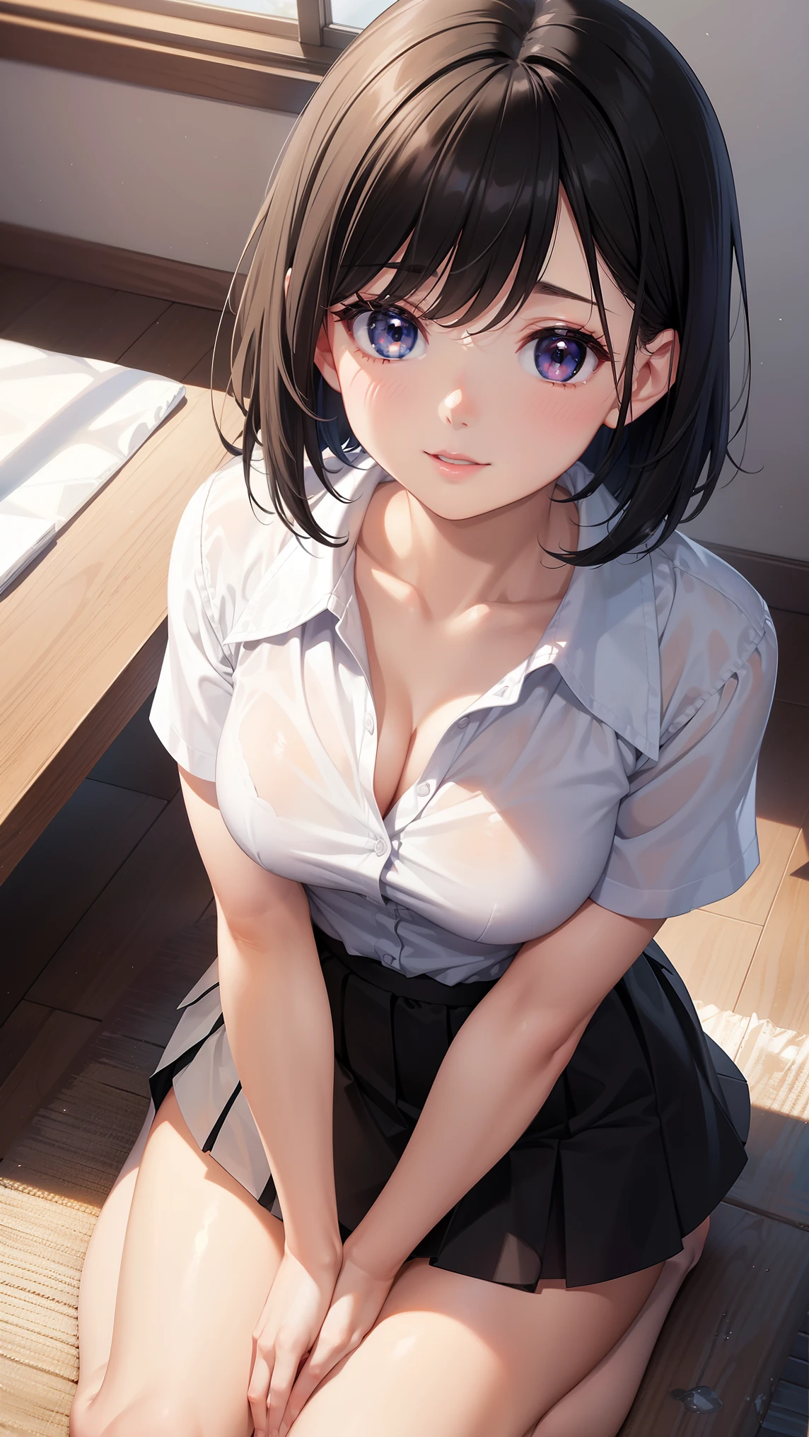 1girl, natural lighting, masterpiece, highly detailed, illustration, game CG, absurdres, high quality, beautiful detailed eyes, glossy lips, natural lighting, small breasts, short black hair, bangs, light smile, (very cute face), white shirt, collarbone, black miniskirt, school, kneeling, looking up at viewer, from above