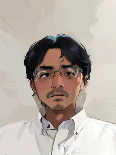 Arabian man wearing a white shirt and glasses standing in front of a white wall, saito takao, hiroyuki-mitsume takahashi, takeuchi takashi, hiromasa ogura, hisashi eguchi, tomohiro shimoguchi, hajime soryama, takashi takeuchi, junichi oda, comical, Irasutoya, An illustration, Character portrait, portrait, American Comics, simplest