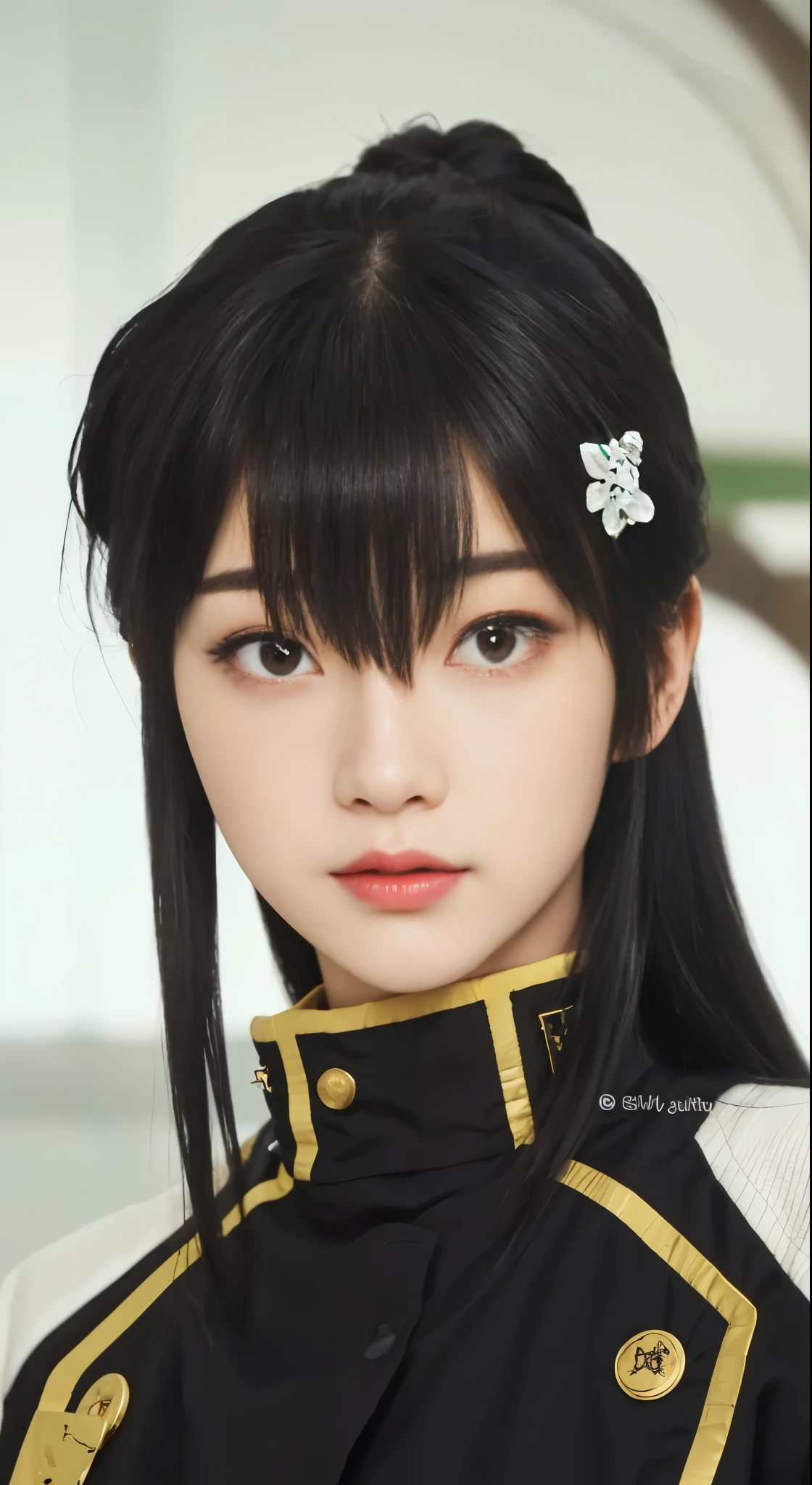 a girl with long black hair and a black jacket, sui ishida with black hair, female character, hinata hyuga, close up of a young girl, as a character, she has black hair, rin, a portrait of shiina ringo, screen capture, perfect face, she has black hair with bangs, it has a piercing gaze