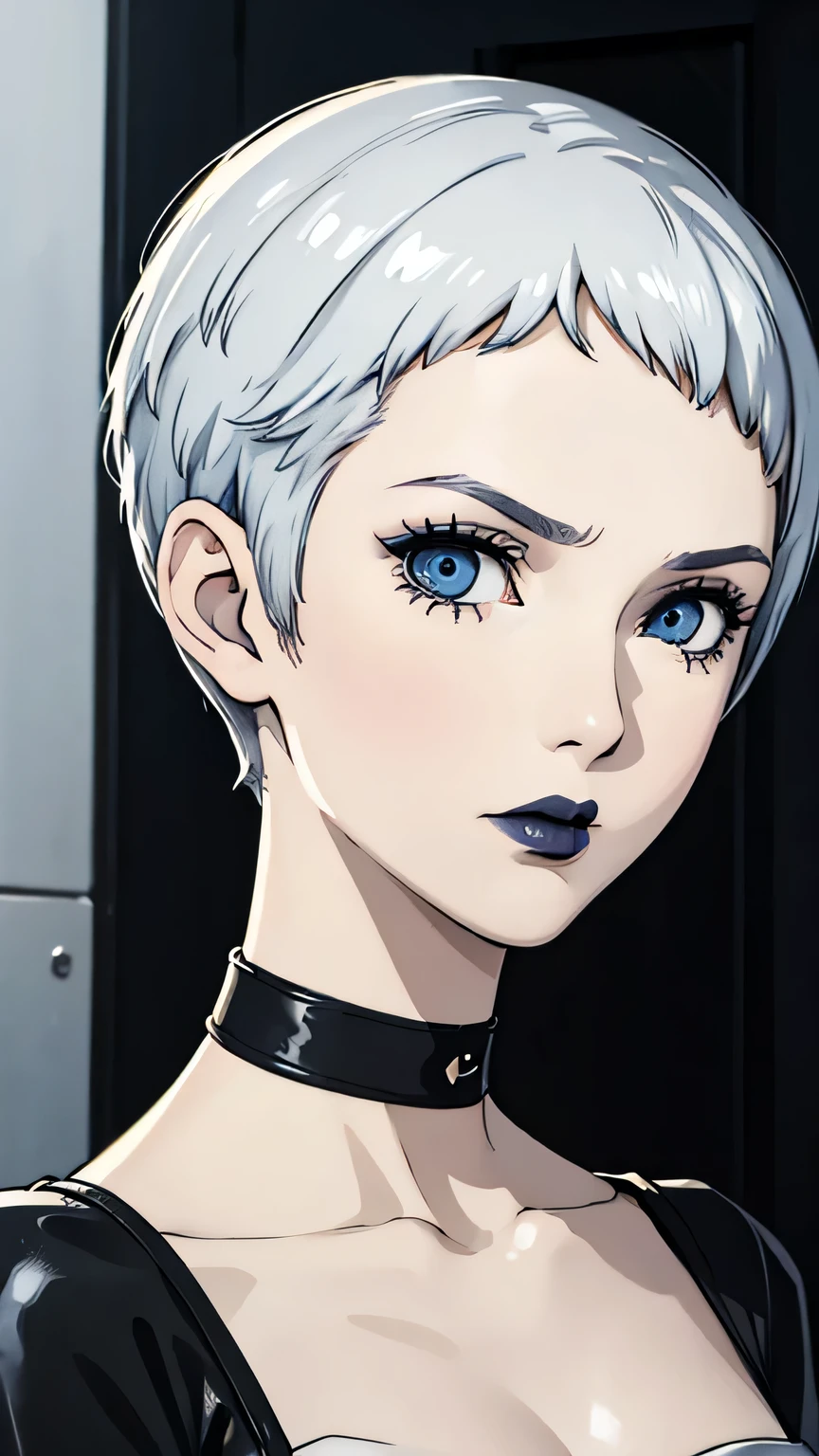 1girl, serious face, lipstick, white hair, blue eyes, portrait, Pixie hair cut, Black battle suit, black choker, Black lipstick, shaved hair, tomboy Pixie haircut