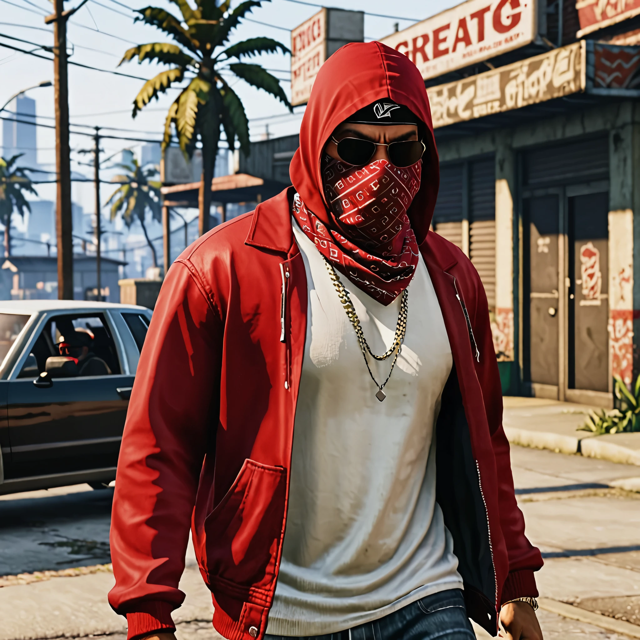 A white man dressed as a gang member in loose clothing dressed in red, with a bandana covering his face as a red mask    ,style grand theft auto, HD PORTRAIT