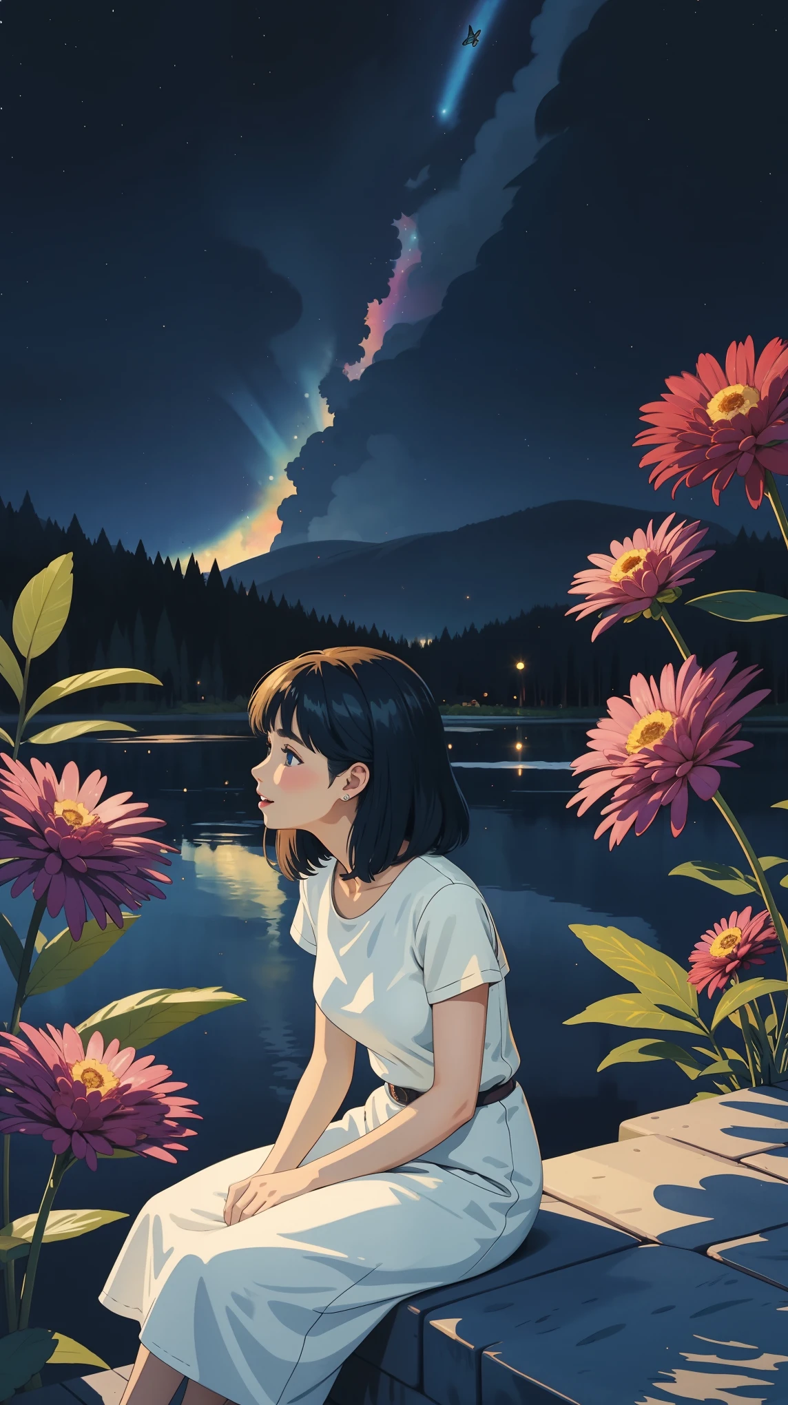 starry sky, milky way, flower garden, light, butterfly, girl sitting, lake, shadow, girl, colorful, iridescent, watercolor, cheerful
