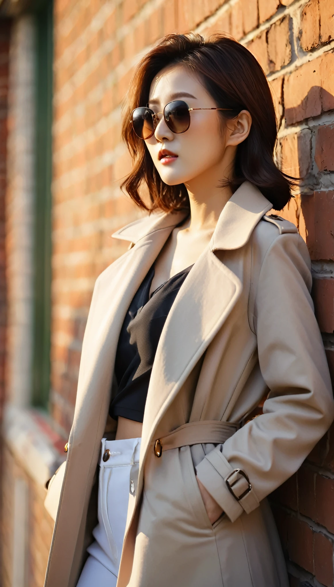 close-up of beautiful korean female, 34 inches breasts size, medium hair, wearing coat, sunglasses, pants, against the brick wall, sunset light,  UHD