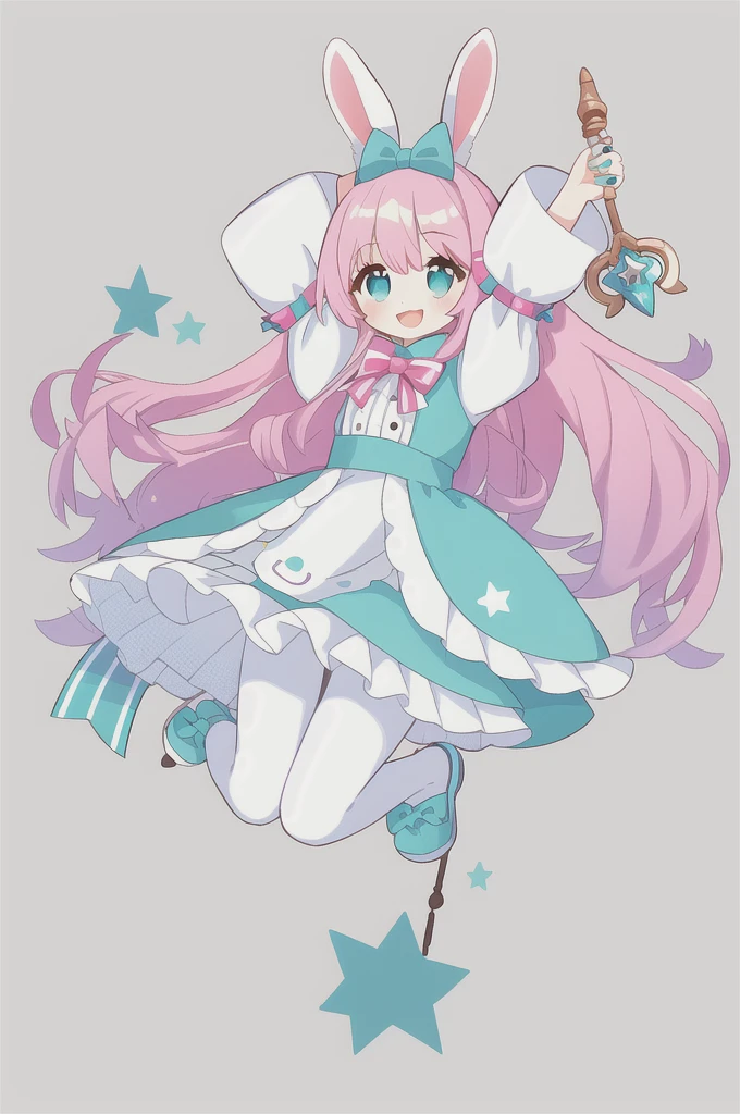 1girl, animal ears, pink hair, long hair, rabbit, open mouth, smile, rabbit ears, bow, solo, white background, dress, pantyhose, wand, blue eyes, looking at viewer, :d, full body, simple background, nail polish, striped, holding, arm up, hair bow, long sleeves, puffy sleeves, aqua footwear, shoes, blue footwear, jumping, animal, blush, argyle, star (symbol), holding wand, very long hair, ribbon,