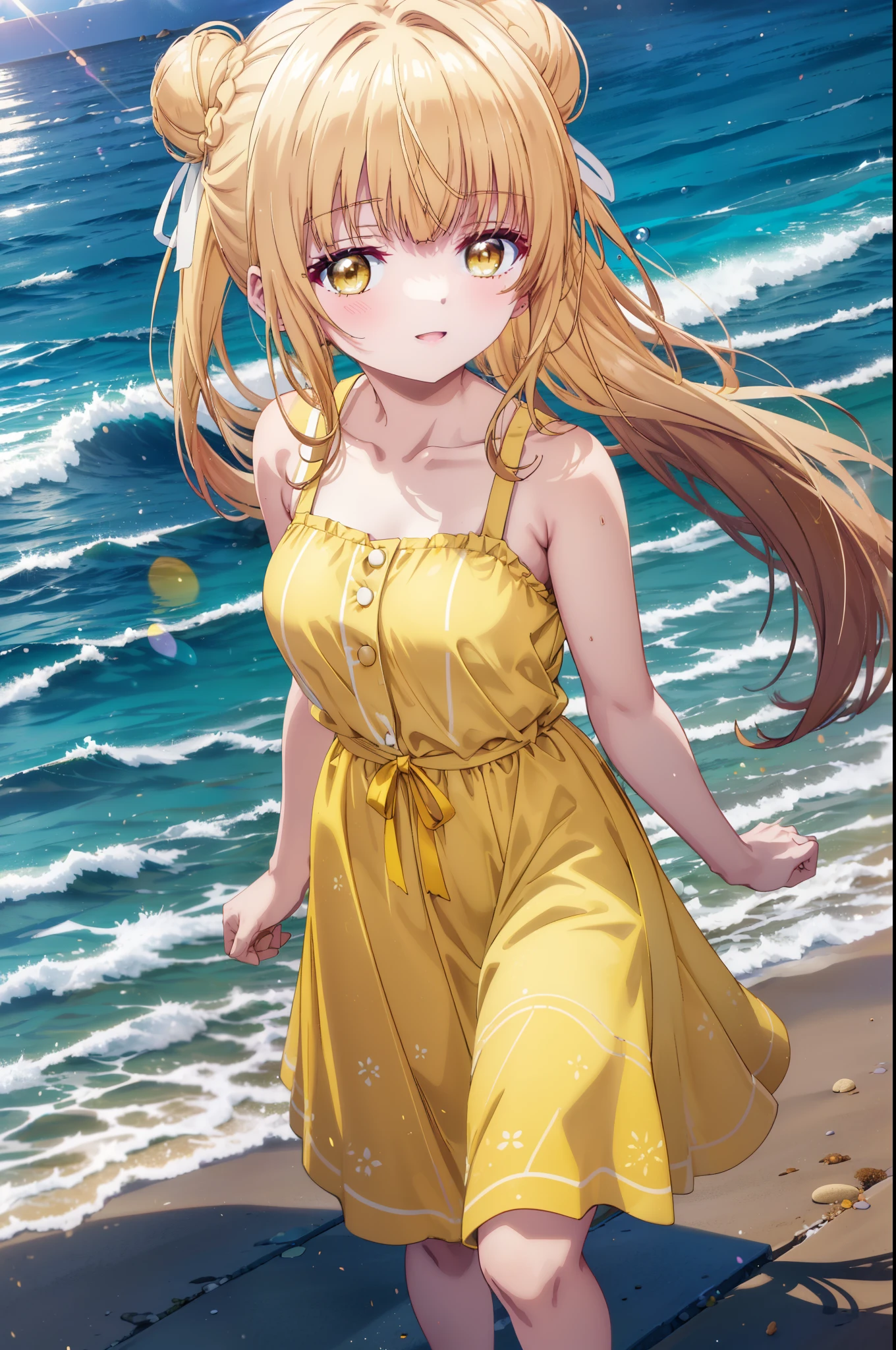 mahirushiina, Mahiru shiina, Long Hair, bangs, Blonde Hair, Brown Hair, (Yellow Eyes:1.3), happy smile, smile, Open your mouth,smile,Black jacket,Hair Bun, double Hair Bun,Yellow sleeveless dress,Yellow long skirt、barefoot,Strolling on the sandy beach,True Summer,Daytime,coastal通,whole bodyがイラストに入るように,
break outdoors, coastal,
break looking at viewer, whole body,
break (masterpiece:1.2), highest quality, High resolution, unity 8k wallpaper, (figure:0.8), (Beautiful fine details:1.6), Highly detailed face, Perfect lighting, Highly detailed CG, (Perfect hands, Perfect Anatomy),